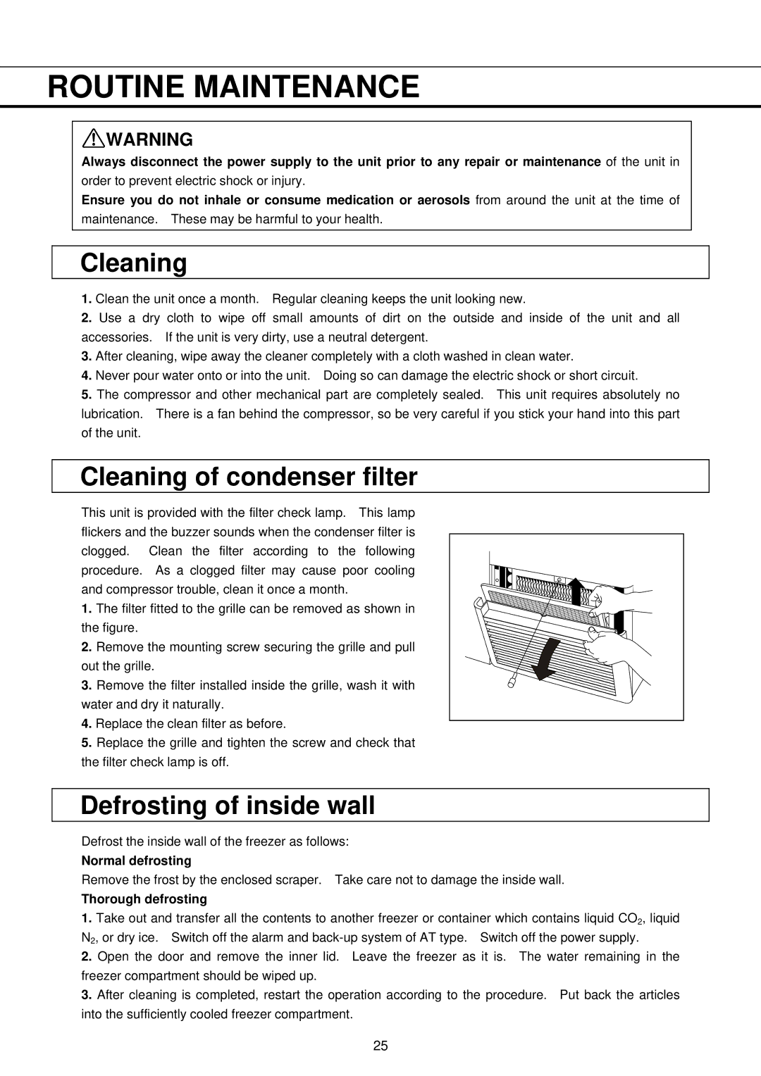 Sanyo MDF-793C, MDF-593C instruction manual Routine Maintenance, Cleaning of condenser filter, Defrosting of inside wall 