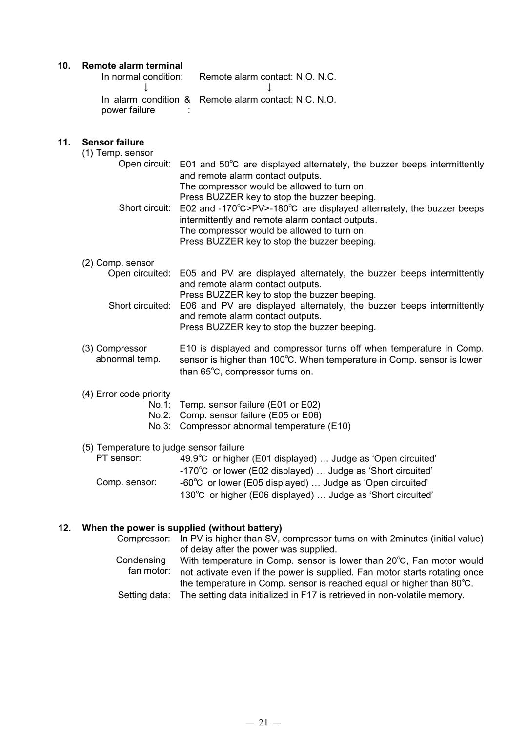 Sanyo MDF-C8V service manual Remote alarm terminal, Sensor failure, When the power is supplied without battery 