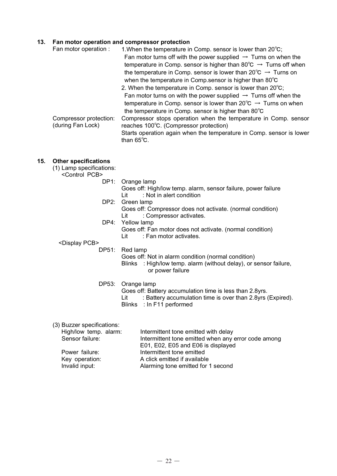 Sanyo MDF-C8V service manual Fan motor operation and compressor protection, Other specifications 