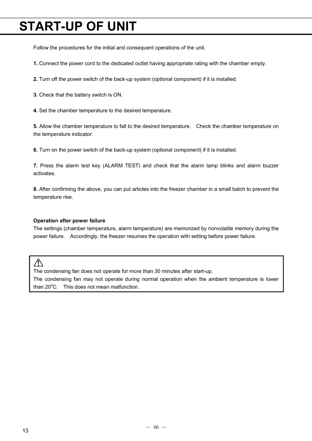 Sanyo MDF-C8V service manual START-UP of Unit, Operation after power failure 