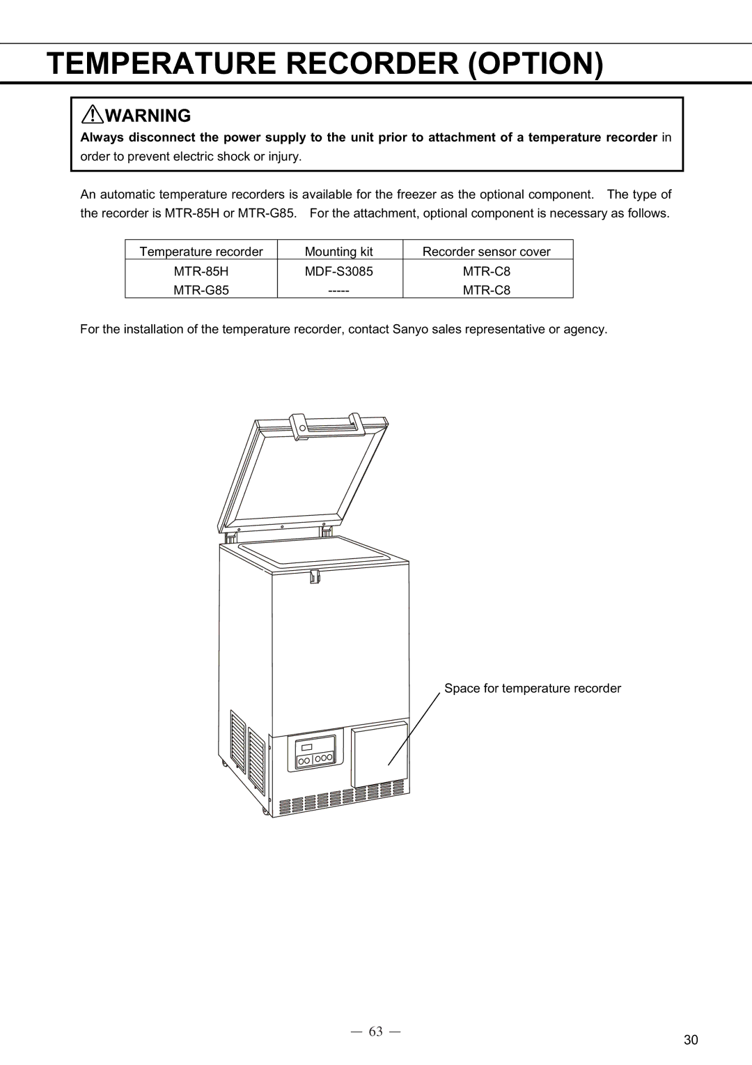 Sanyo MDF-C8V service manual Temperature Recorder Option 