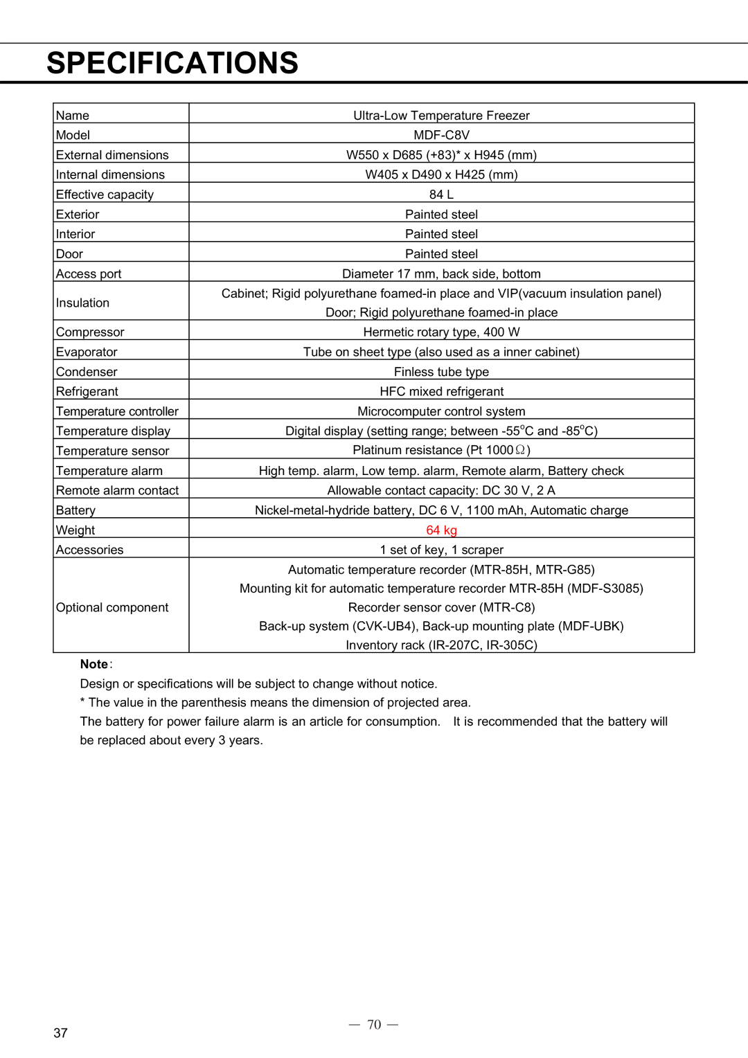 Sanyo MDF-C8V service manual Specifications 