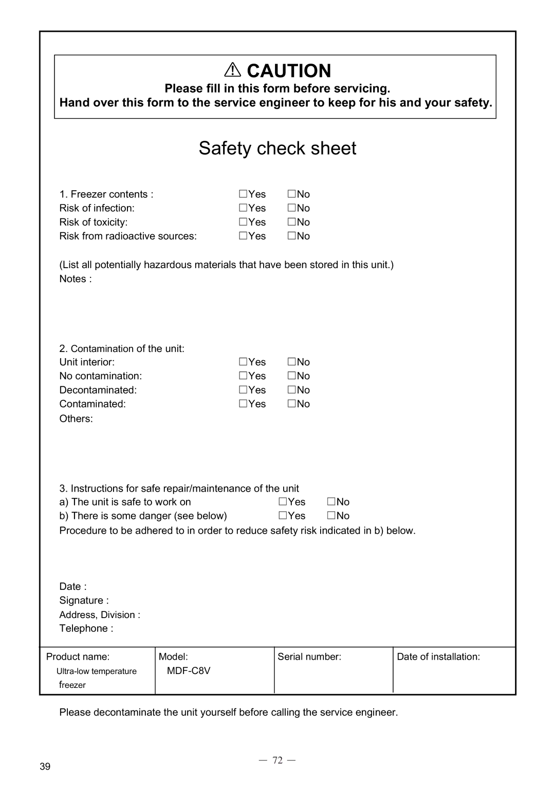 Sanyo MDF-C8V service manual Safety check sheet 