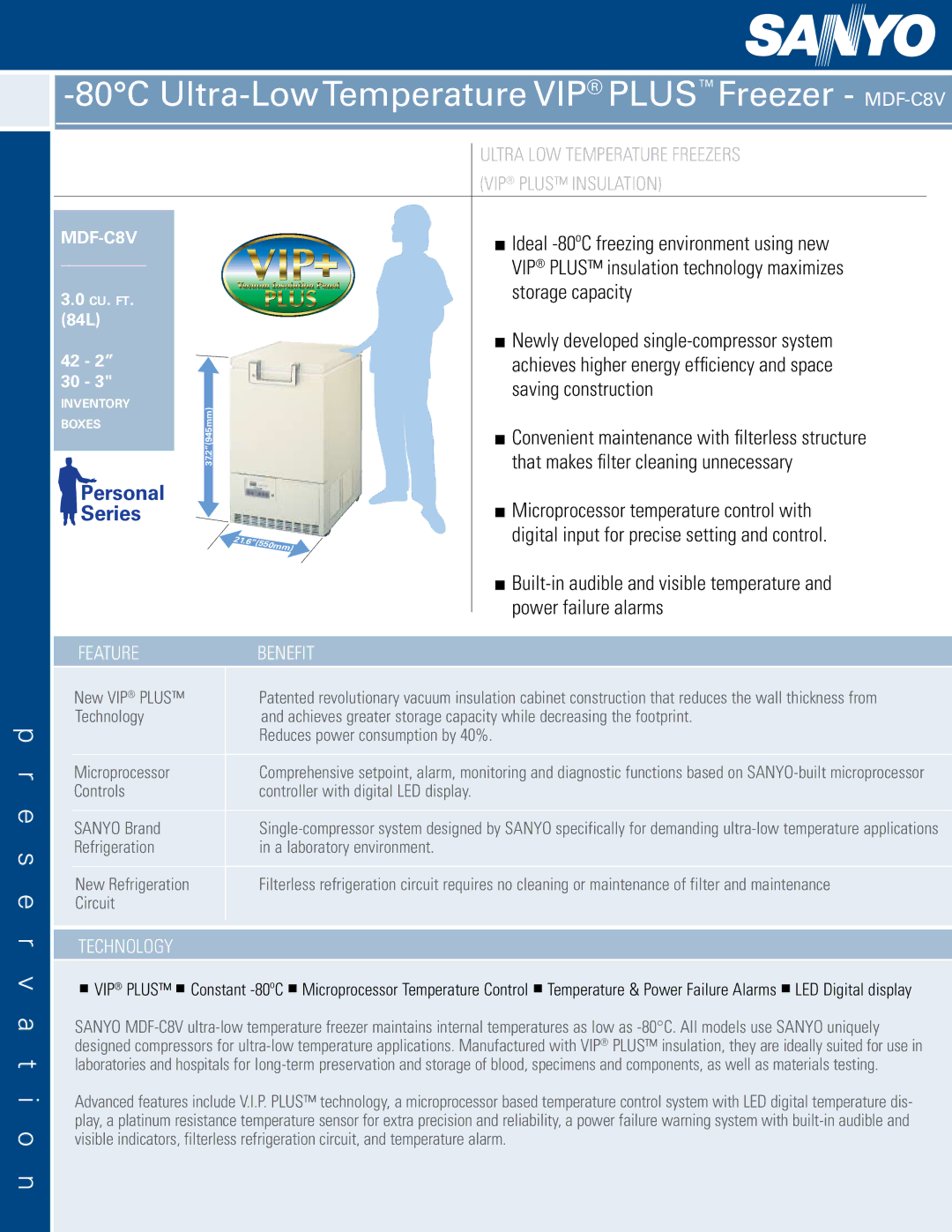 Sanyo manual 80C Ultra-LowTemperature VIP PLUSFreezer MDF-C8V, Achieves higher energy efficiency and space 