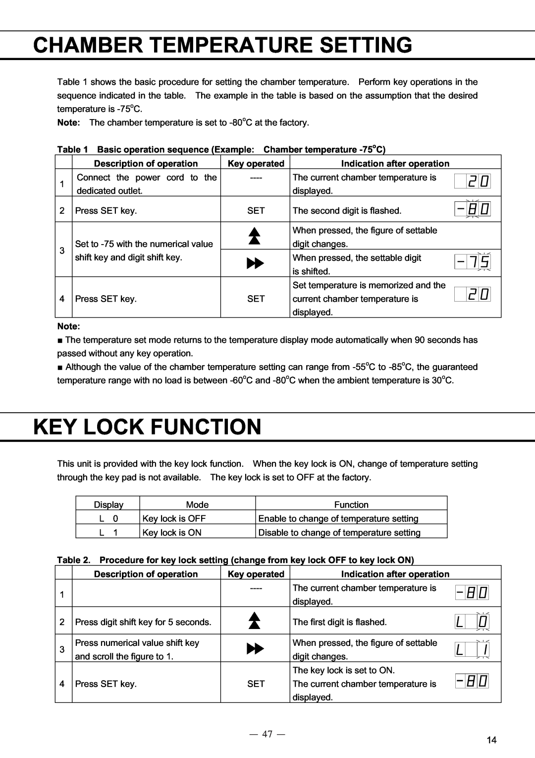 Sanyo MDF-C8V service manual Chamber Temperature Setting, Key Lock Function, Description of operation, Key operated 