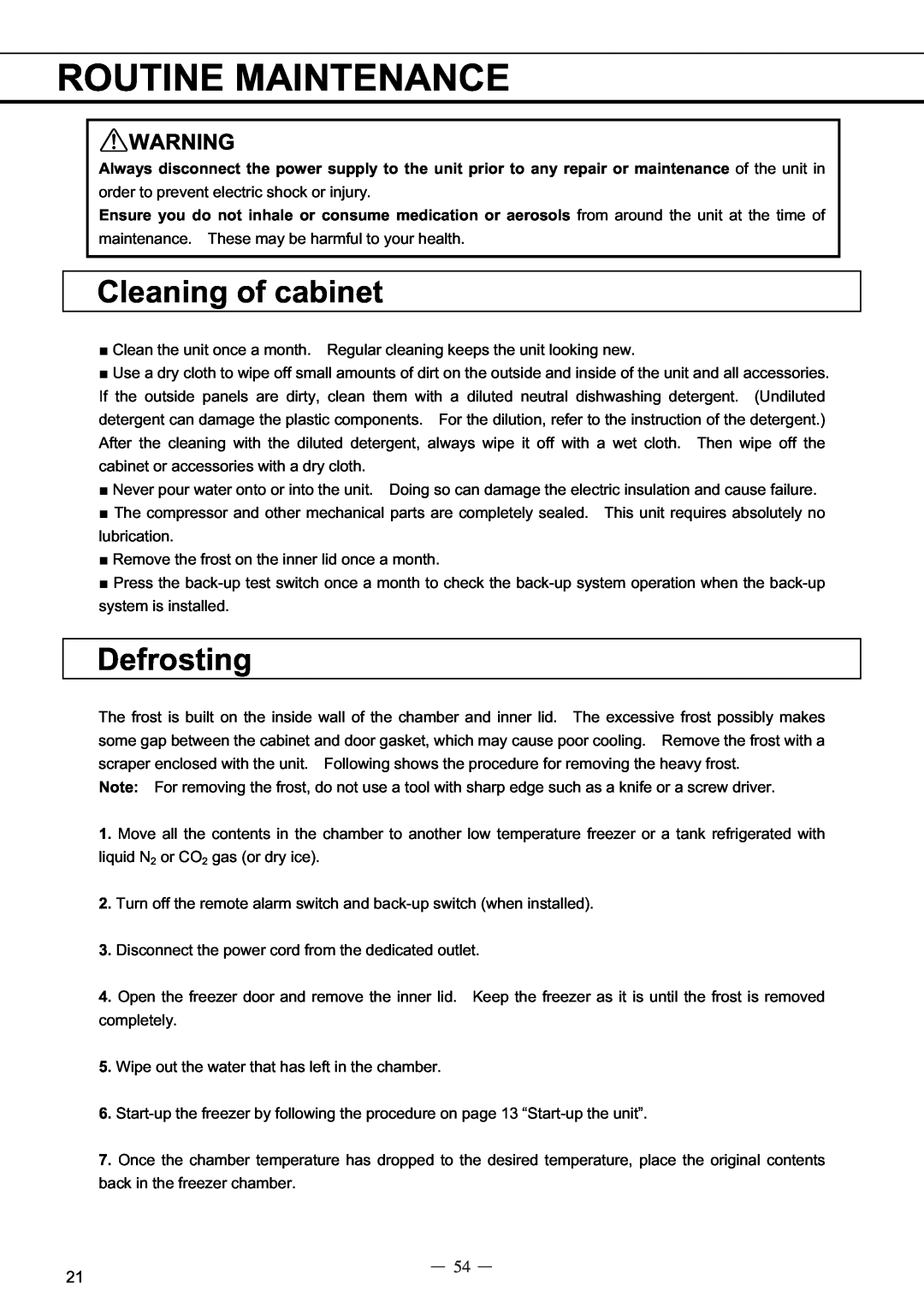 Sanyo MDF-C8V service manual Routine Maintenance, Cleaning of cabinet, Defrosting 