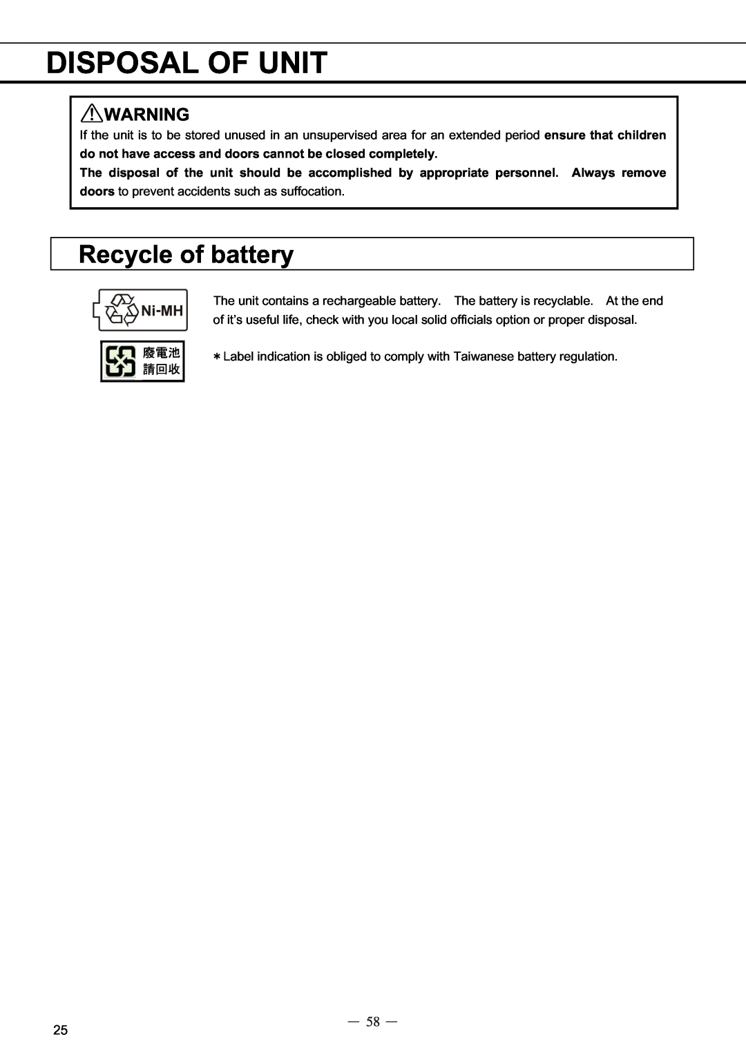 Sanyo MDF-C8V service manual Disposal Of Unit, Recycle of battery 