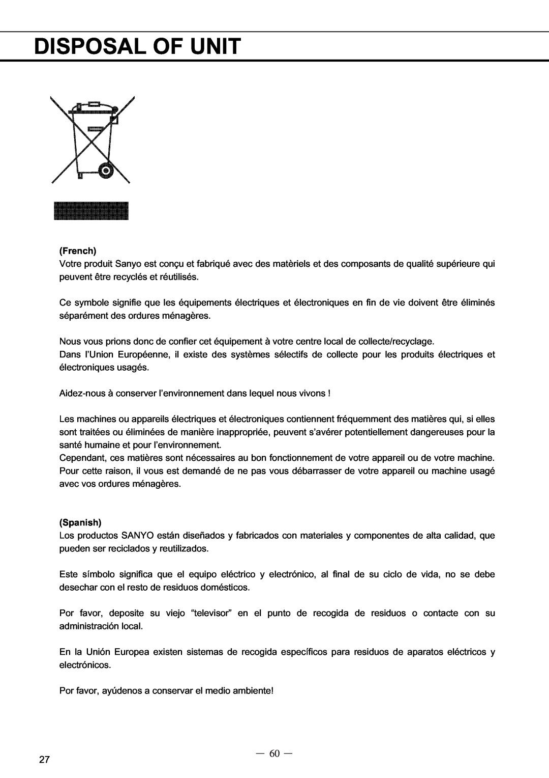 Sanyo MDF-C8V service manual Disposal Of Unit, French, Spanish 