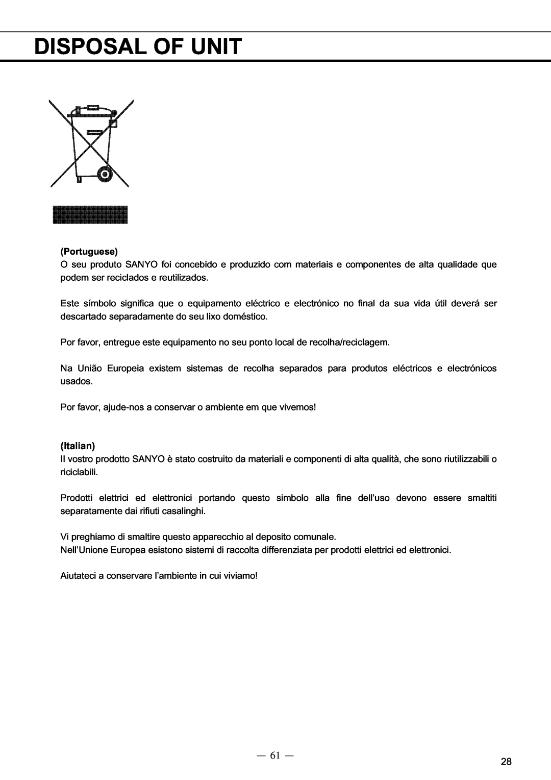 Sanyo MDF-C8V service manual Disposal Of Unit, Italian, Portuguese 
