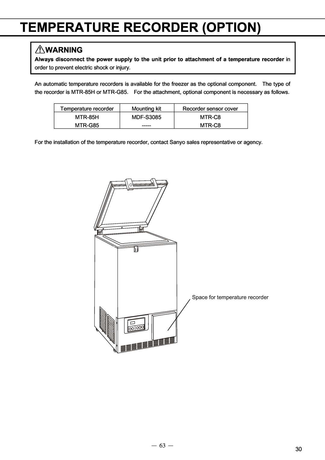 Sanyo MDF-C8V service manual Temperature Recorder Option 
