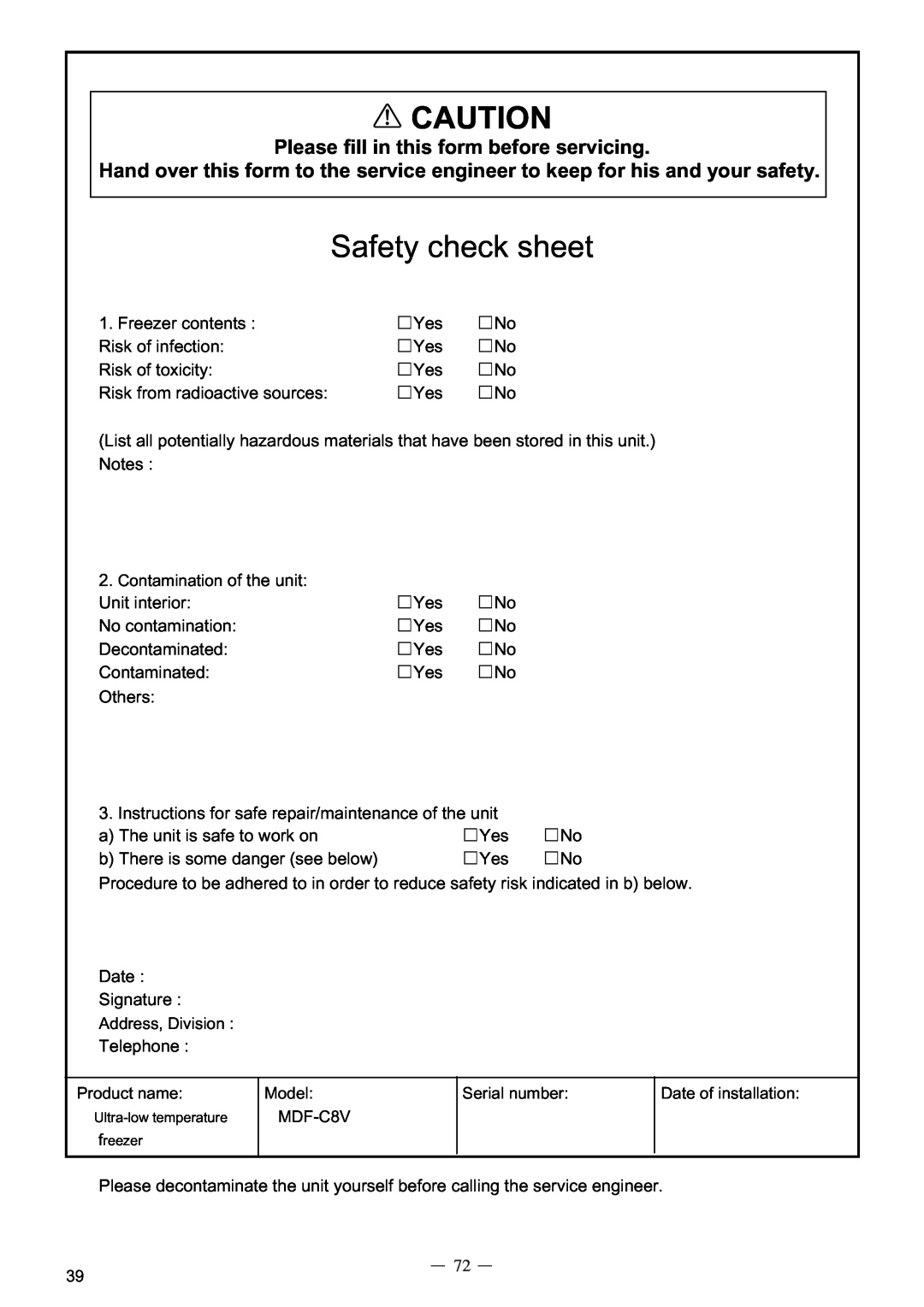 Sanyo MDF-C8V service manual Safety check sheet, Please fill in this form before servicing 