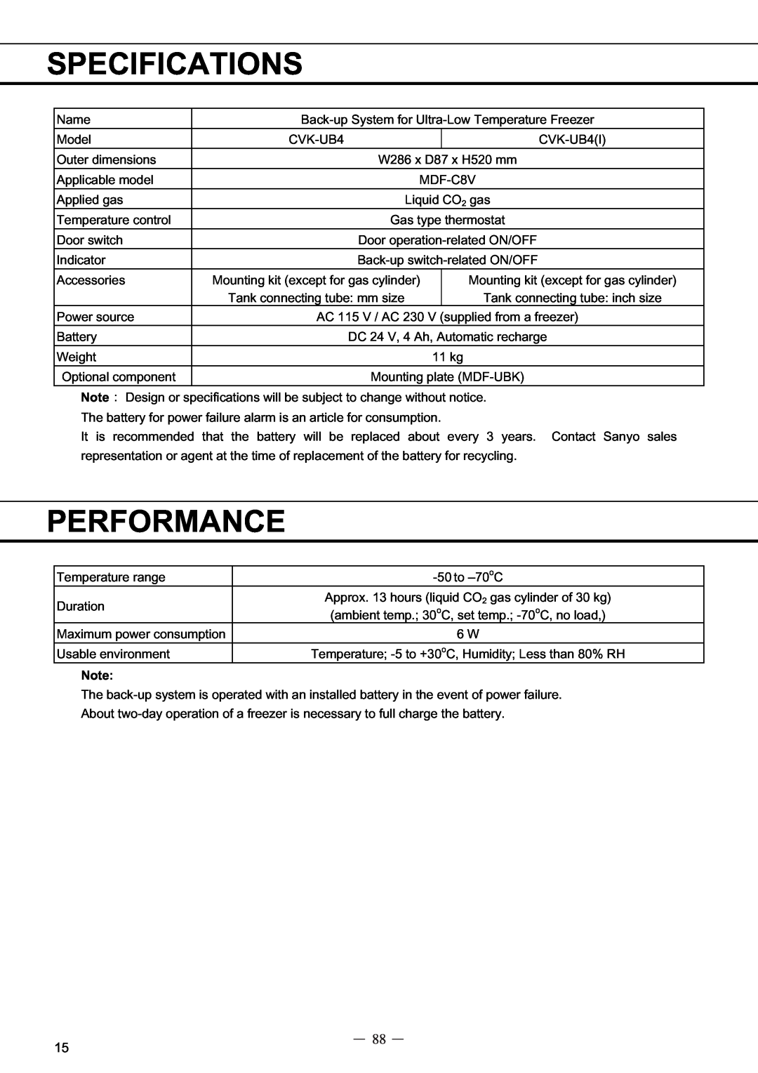 Sanyo MDF-C8V service manual Specifications, Performance, Name 