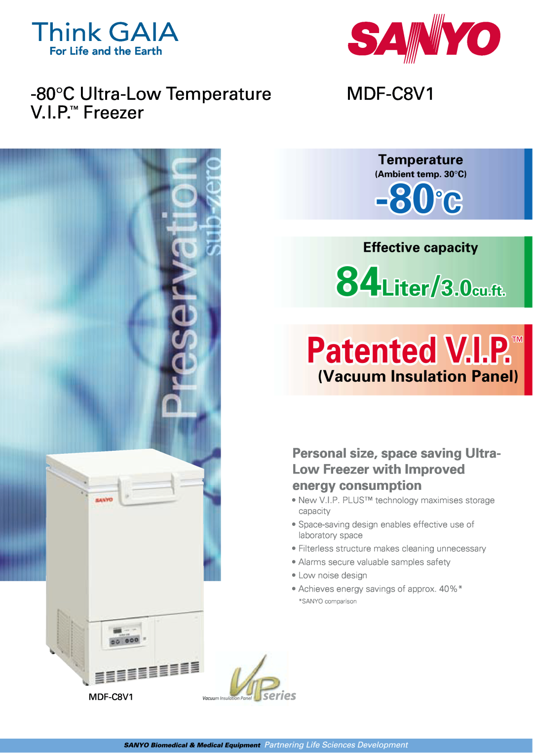Sanyo MDF-C8V1 manual Ambient temp. 30C, 80˚C, Patented V.I.P, Liter/3.0cu.ft, 80C Ultra-LowTemperature, V.I.P. Freezer 