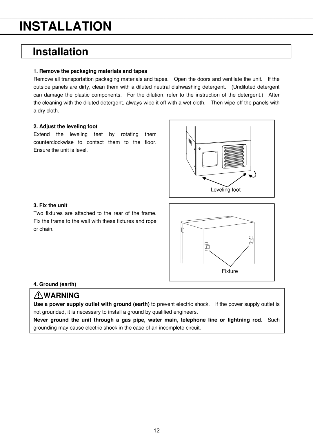 Sanyo MDF-U32V Installation, Remove the packaging materials and tapes, Adjust the leveling foot, Fix the unit 