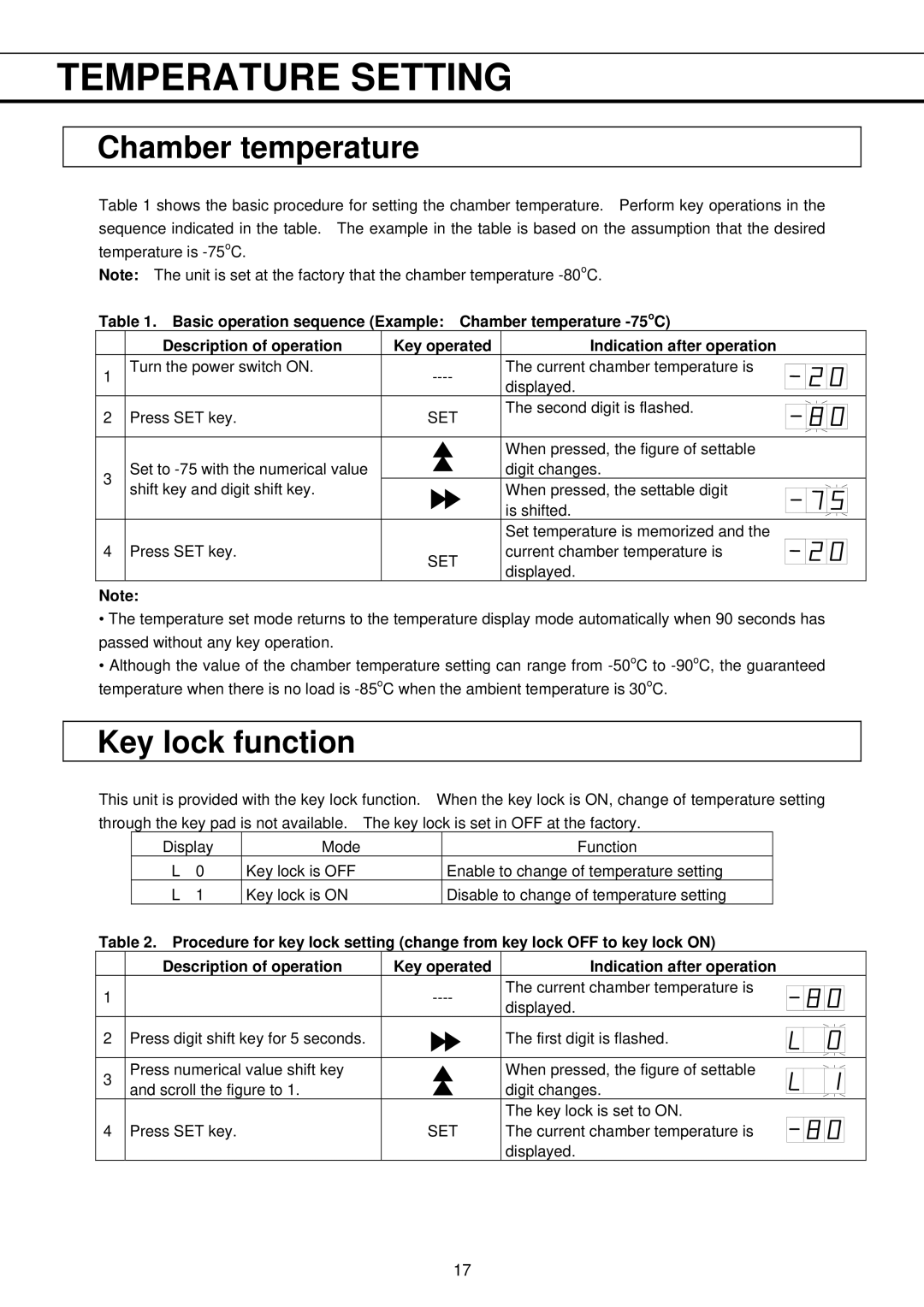 Sanyo MDF-U32V instruction manual Temperature Setting, Chamber temperature, Key lock function 