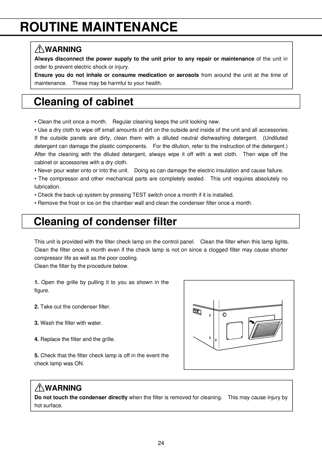 Sanyo MDF-U32V instruction manual Routine Maintenance, Cleaning of cabinet, Cleaning of condenser filter 