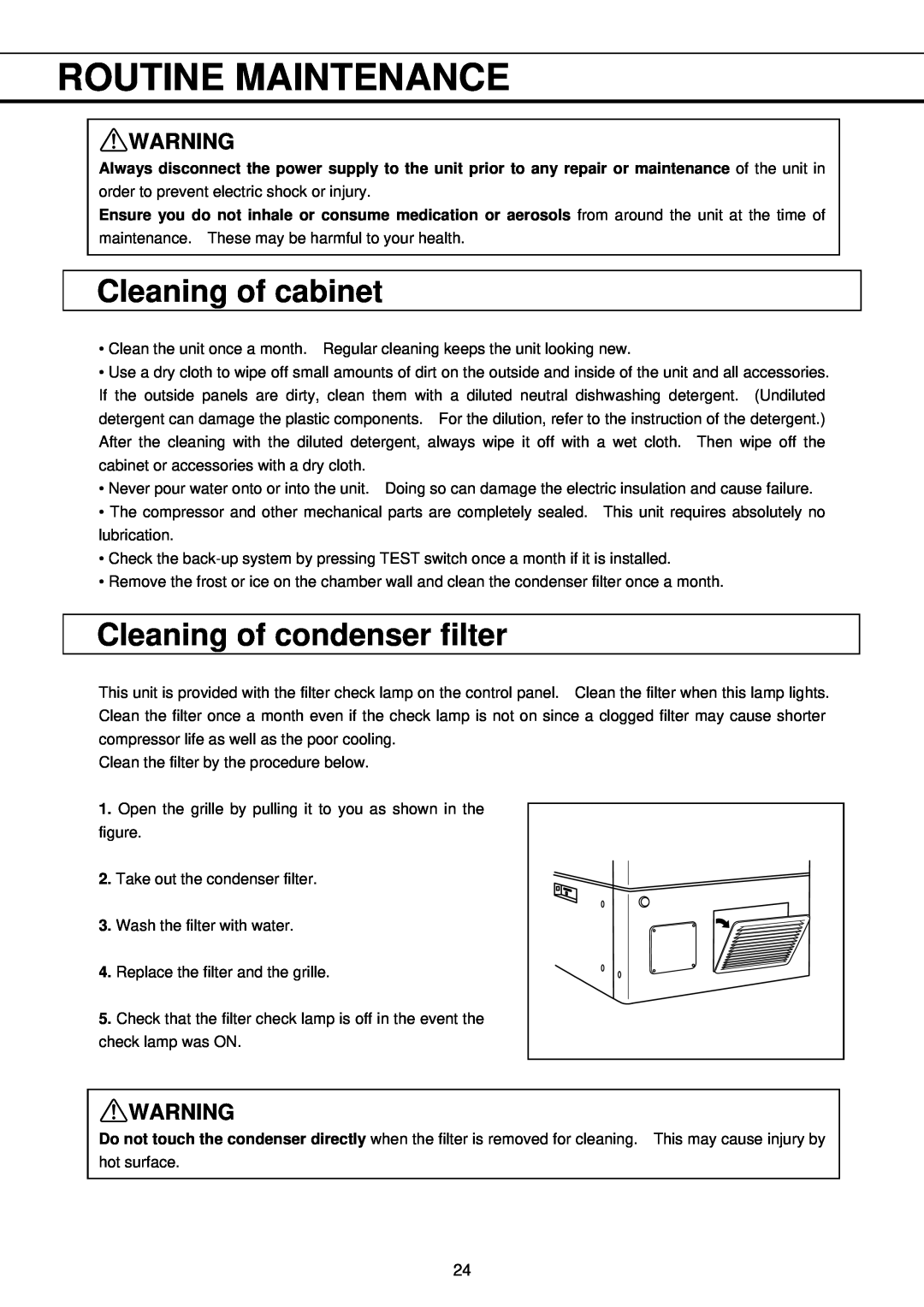 Sanyo MDF-U32V instruction manual Routine Maintenance, Cleaning of cabinet, Cleaning of condenser filter 