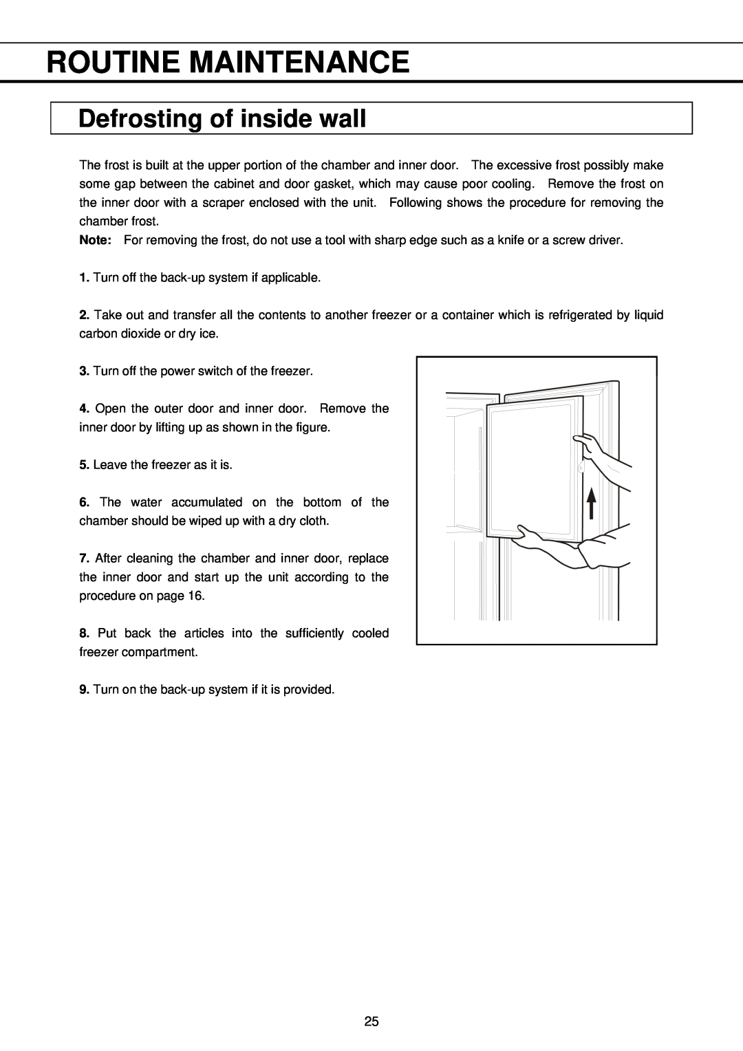 Sanyo MDF-U32V instruction manual Defrosting of inside wall, Routine Maintenance 