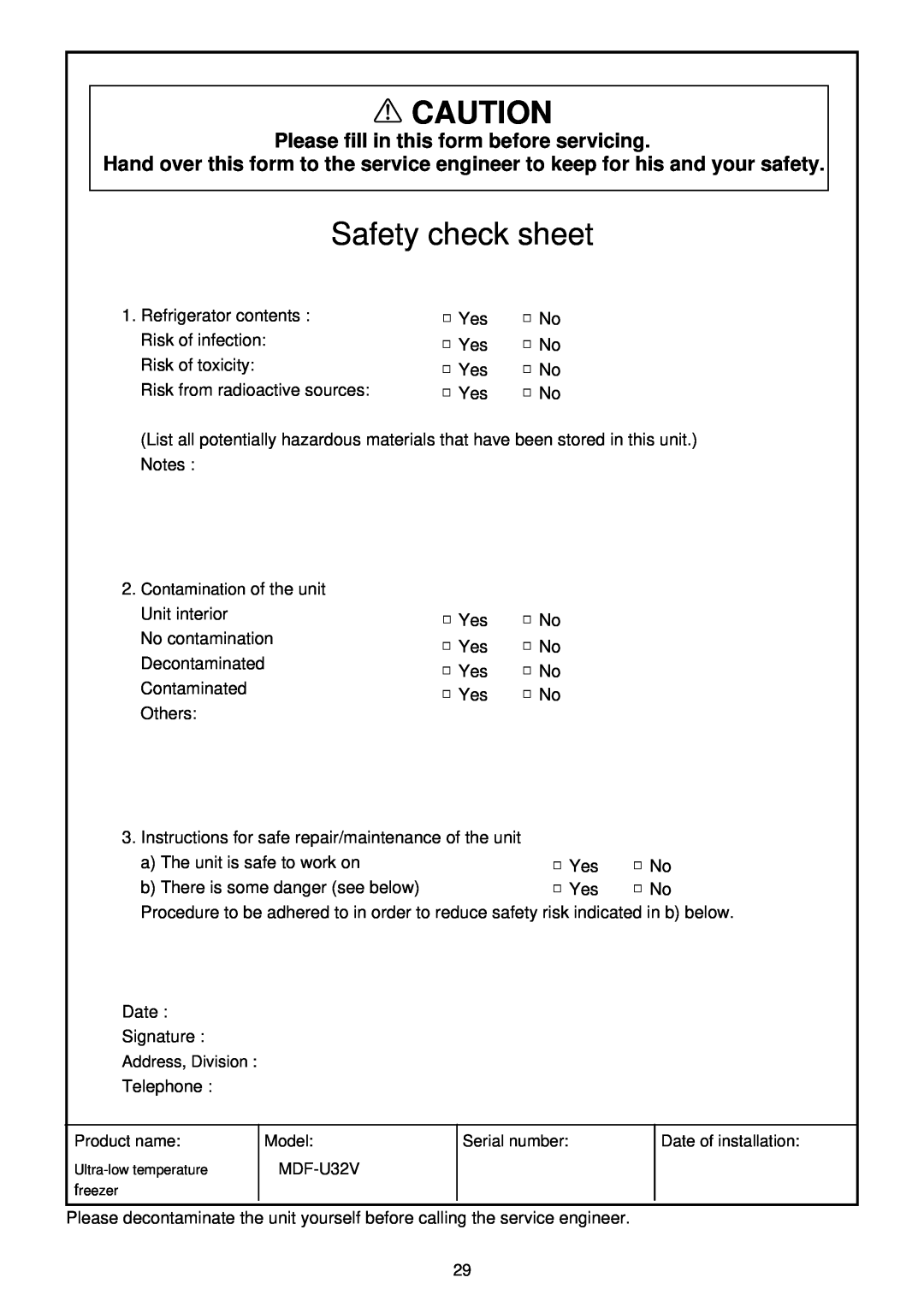 Sanyo MDF-U32V instruction manual Safety check sheet, Please fill in this form before servicing 