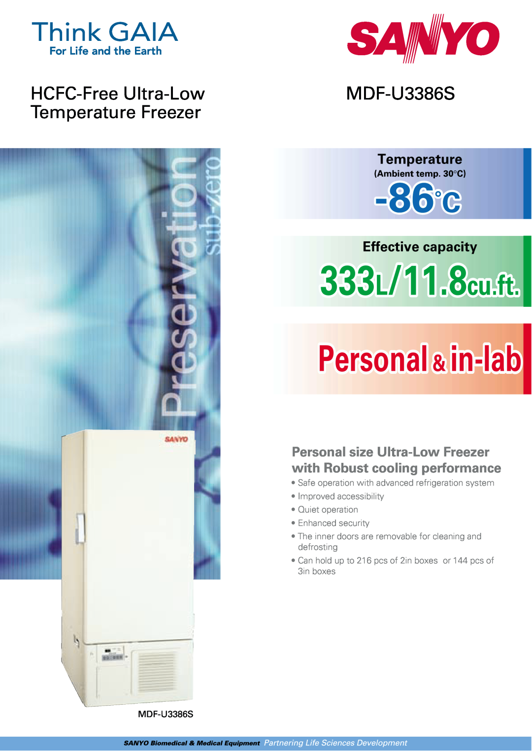 Sanyo MDF-U3386S manual Ambient temp. 30C, 86˚C, 333L/11.8cu.ft, Personal & in-lab, HCFC-Free Ultra-Low, Temperature 