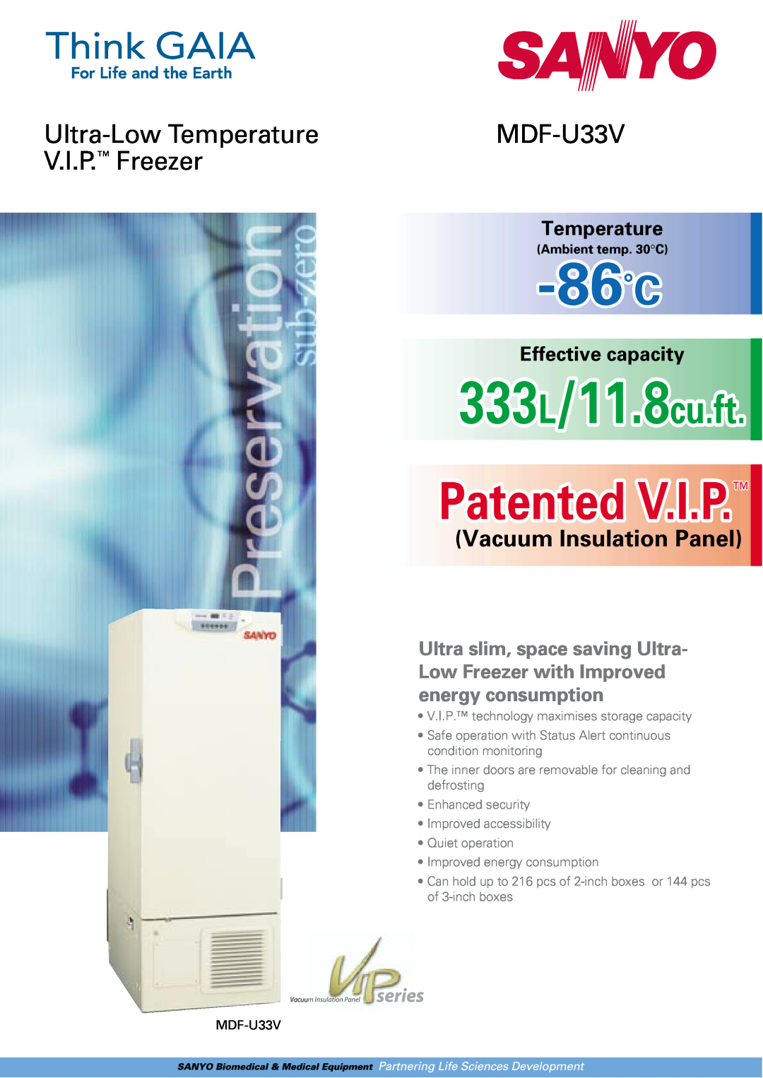 Sanyo MDF-U33V manual Ambient temp. 30C, 86˚C, Patented V.I.P, 333L/11.8cu.ft, Ultra-LowTemperature, V.I.P. Freezer 