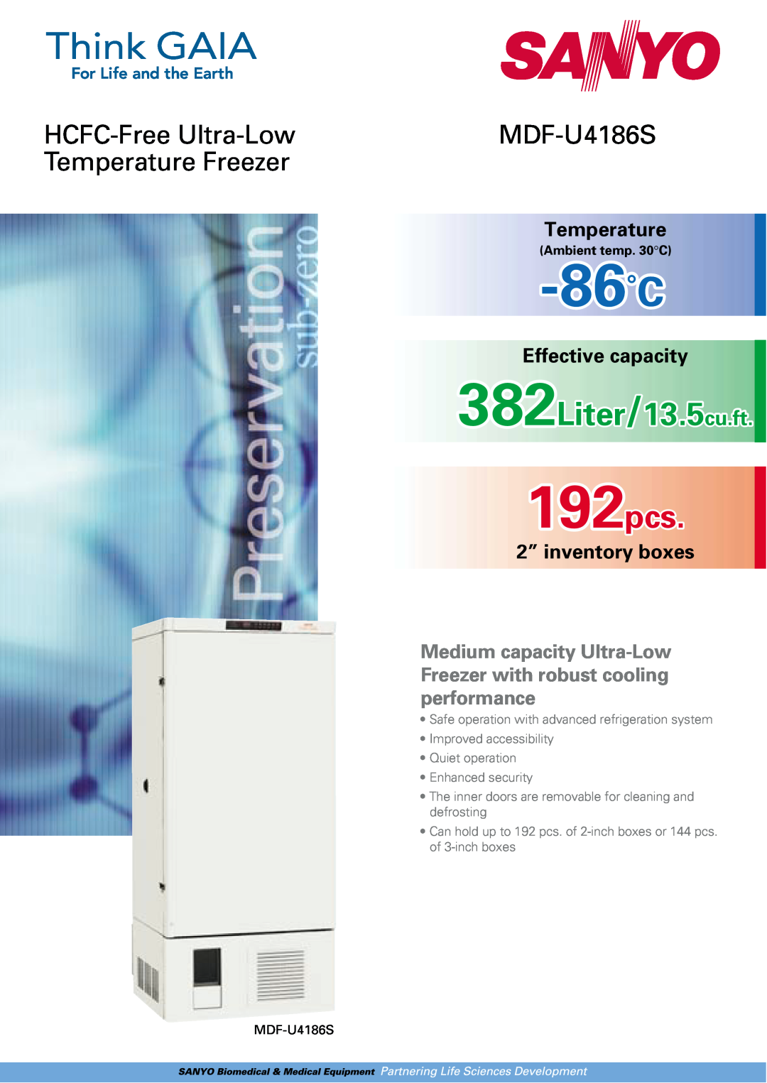 Sanyo MDF-U4186S manual Ambient temp. 30C, 86˚C, Liter/13.5cu.ft, 192pcs, HCFC-Free Ultra-Low, Temperature Freezer 