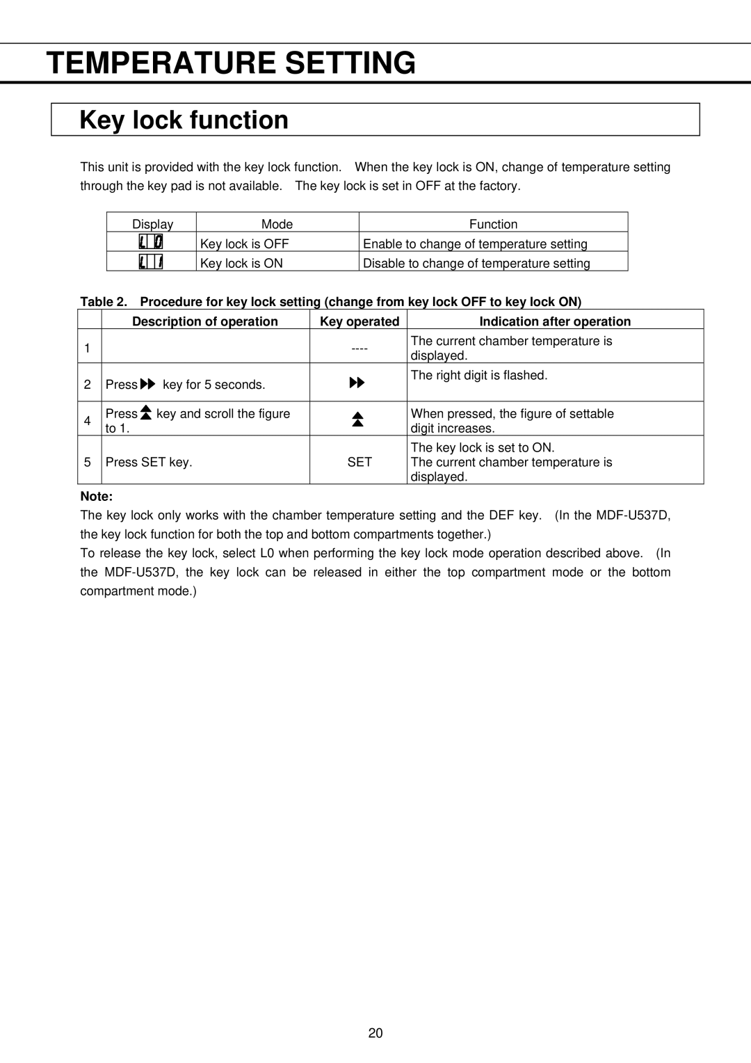 Sanyo MDF-U333, MDF-U537 instruction manual Key lock function 