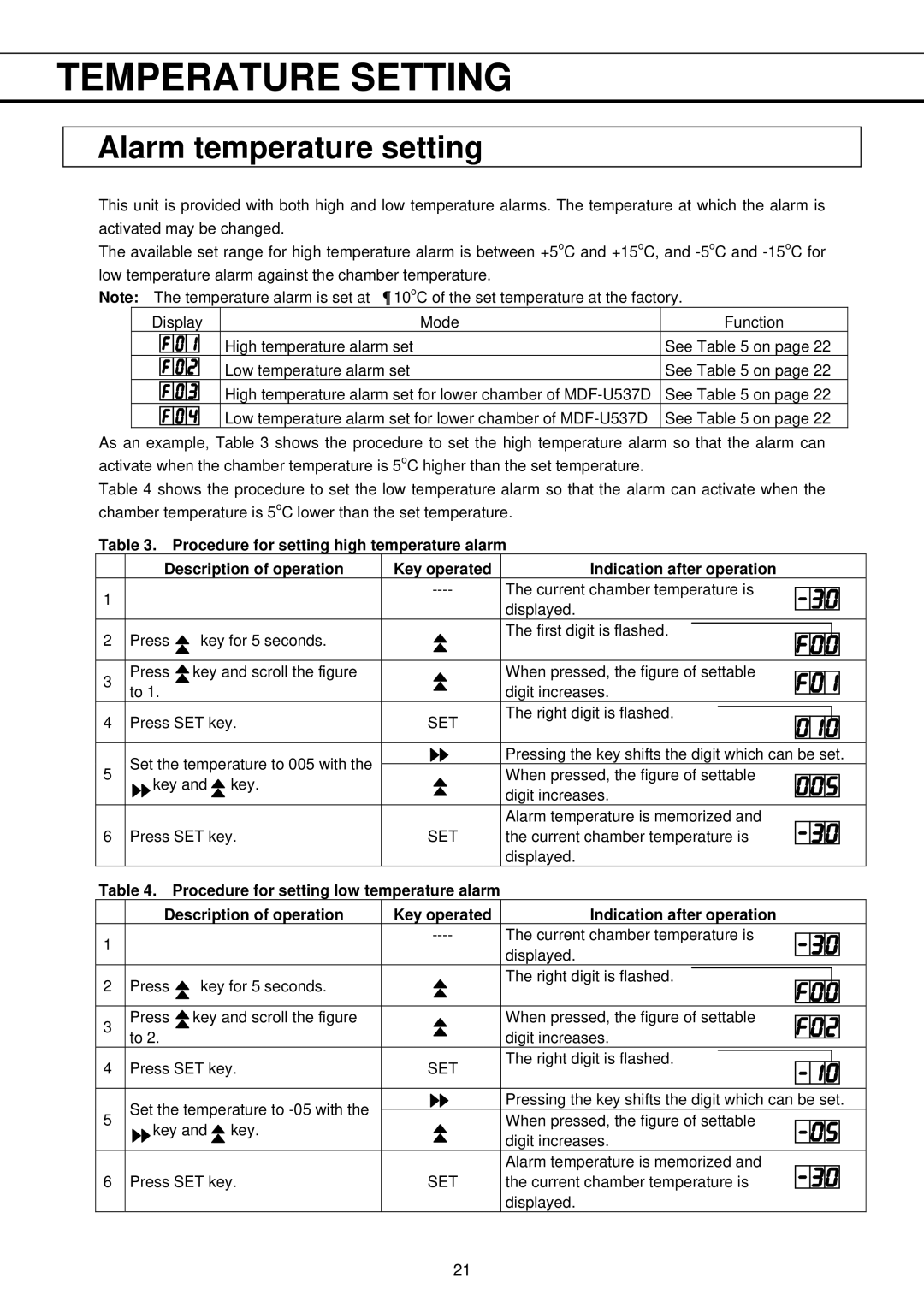 Sanyo MDF-U537, MDF-U333 instruction manual Alarm temperature setting 