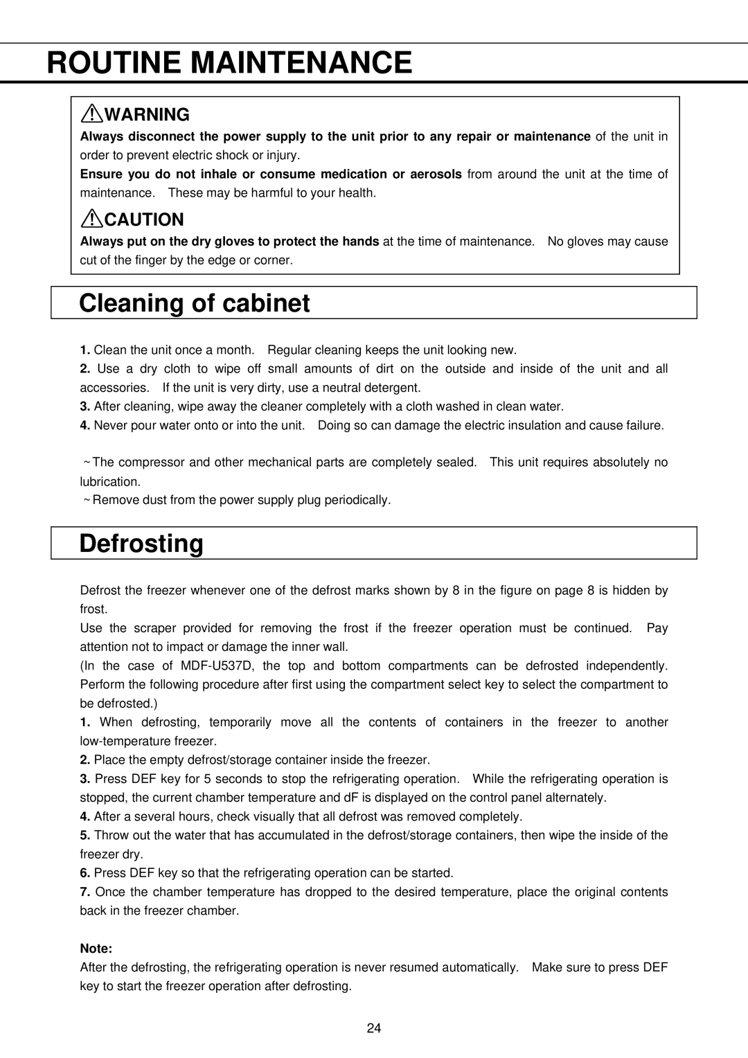 Sanyo MDF-U333, MDF-U537 instruction manual Routine Maintenance, Cleaning of cabinet, Defrosting 