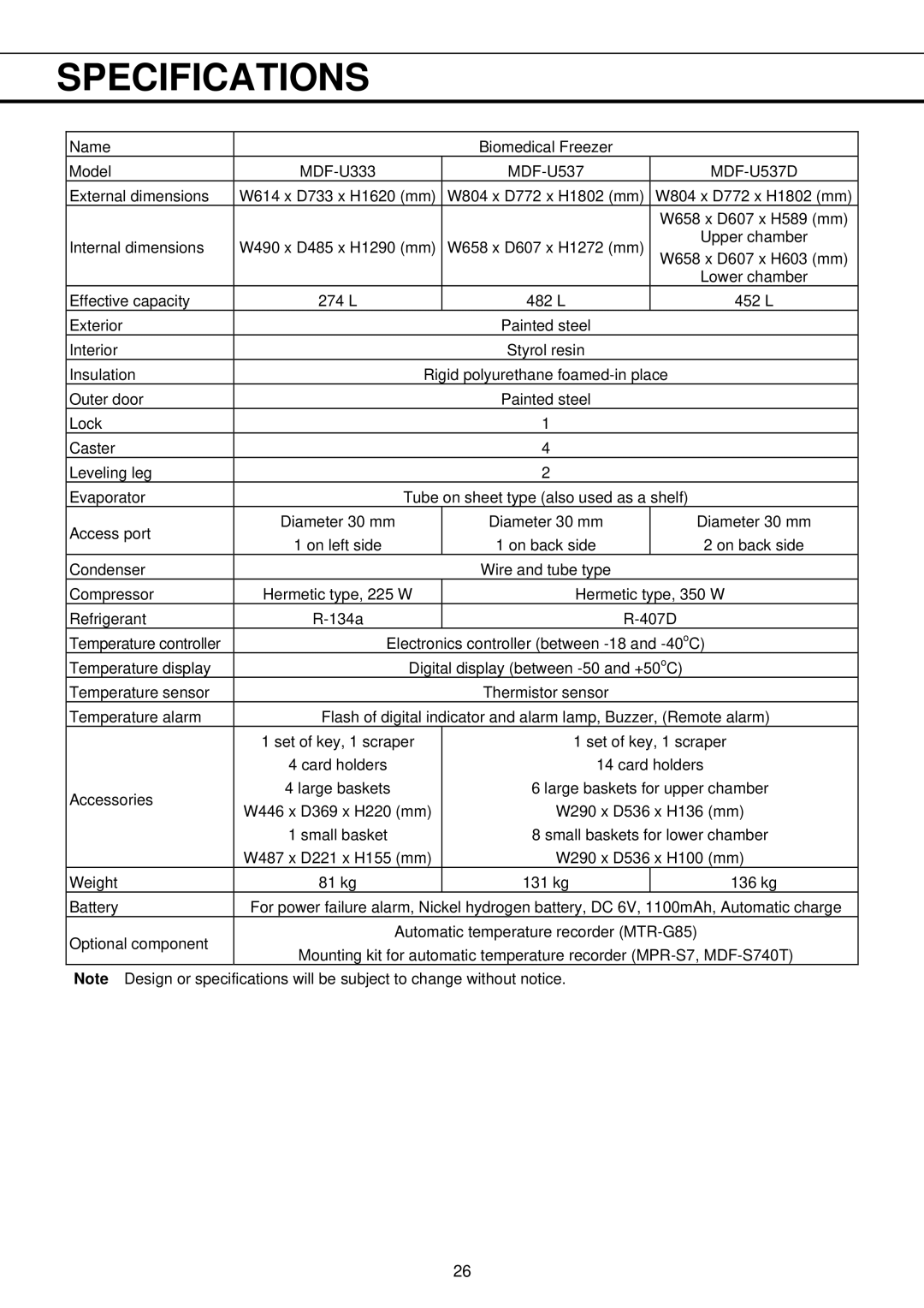 Sanyo MDF-U333 instruction manual Specifications, MDF-U537D 