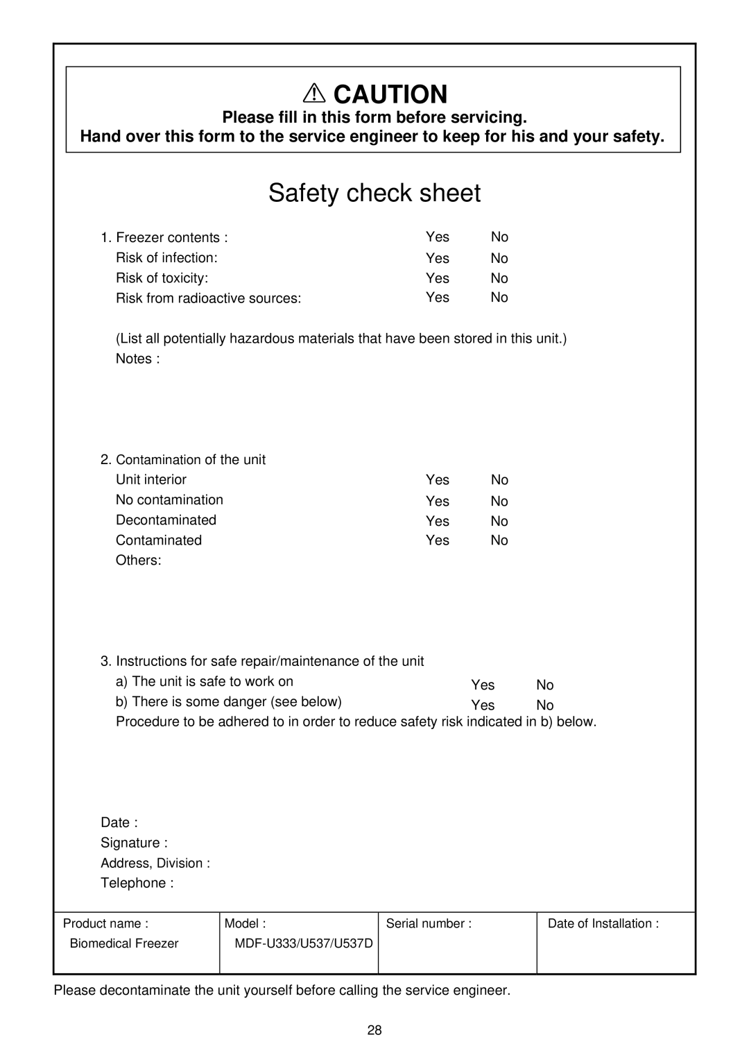 Sanyo MDF-U333, MDF-U537 instruction manual Safety check sheet 