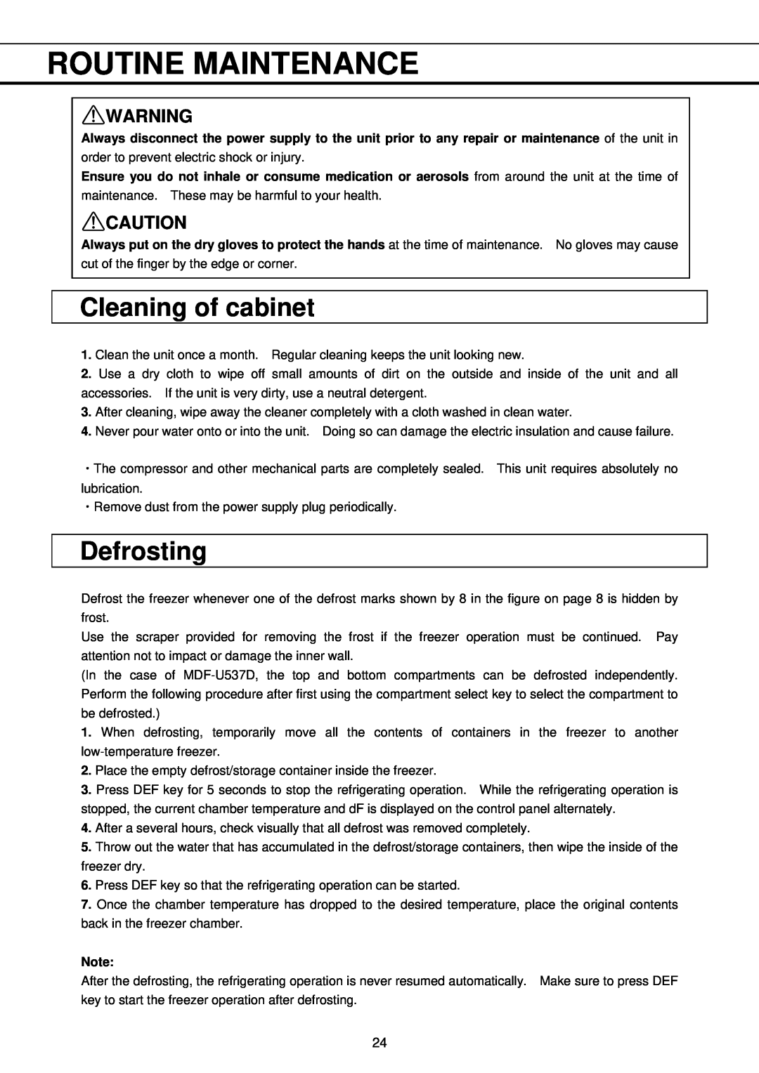 Sanyo MDF-U333, MDF-U537 instruction manual Routine Maintenance, Cleaning of cabinet, Defrosting 