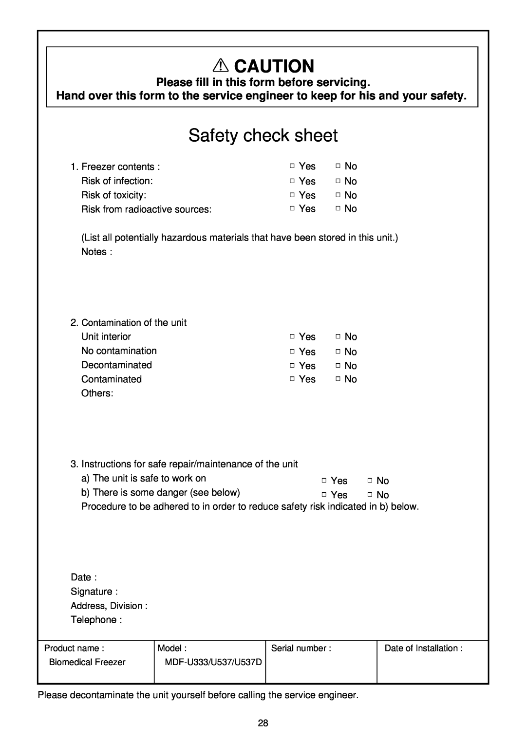Sanyo MDF-U333, MDF-U537 instruction manual Safety check sheet, Please fill in this form before servicing 