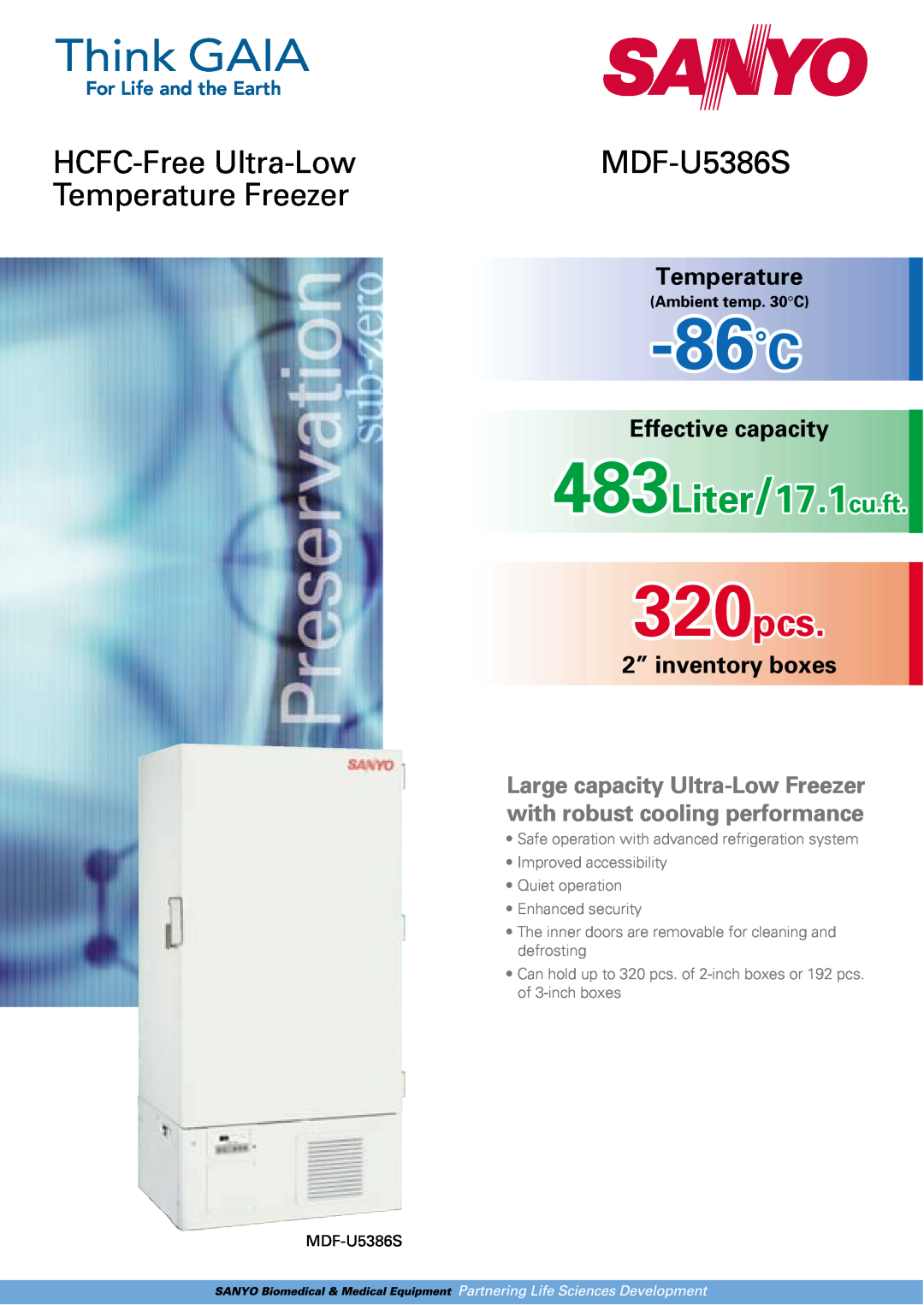 Sanyo MDF-U5386S manual Ambient temp. 30C, 86˚C, Liter/17.1cu.ft, 320pcs, HCFC-Free Ultra-Low, Temperature Freezer 