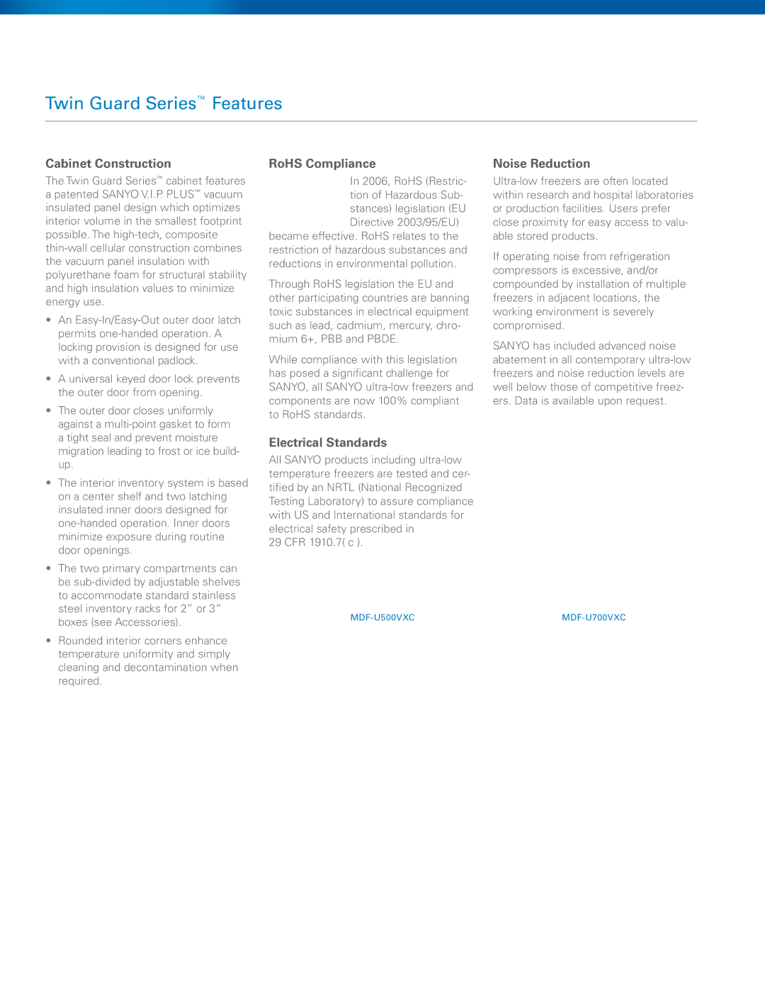 Sanyo MDF-U700VXC, MDF-U500VXC manual Cabinet Construction, RoHS Compliance, Noise Reduction, Electrical Standards 