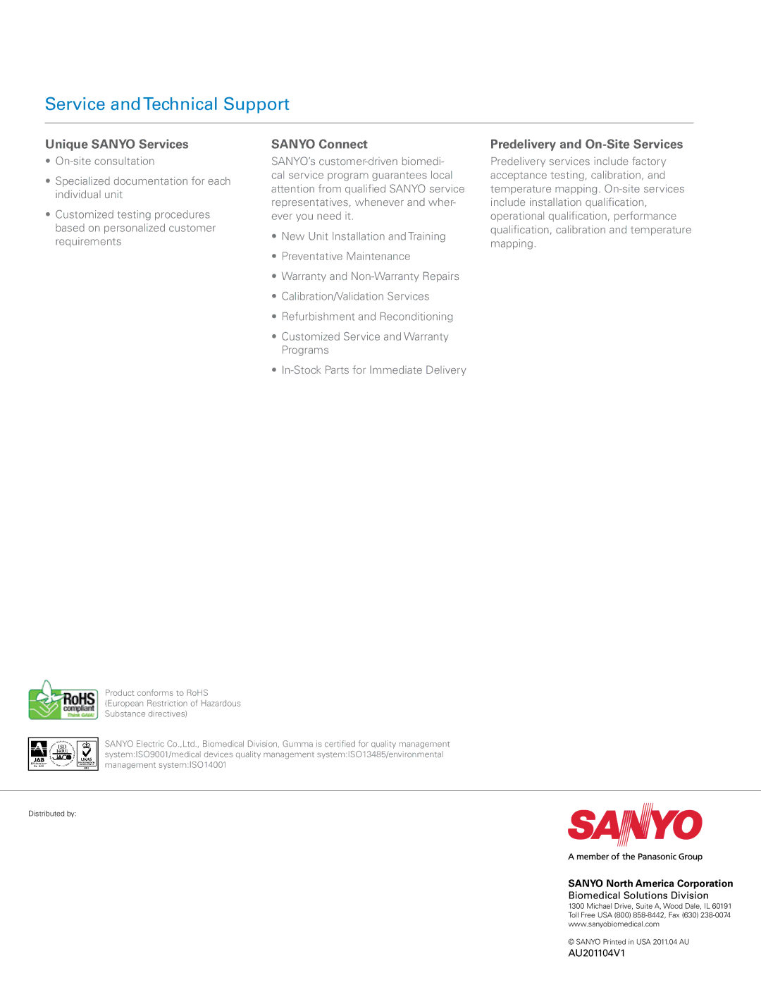 Sanyo MDF-U700VXC Service andTechnical Support, Unique Sanyo Services, Sanyo Connect, Predelivery and On-Site Services 