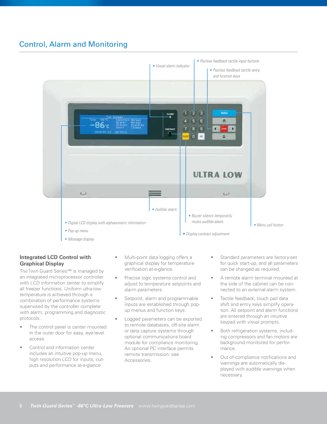 Sanyo MDF-U700VXC, MDF-U500VXC manual Control, Alarm and Monitoring, Integrated LCD Control with Graphical Display 