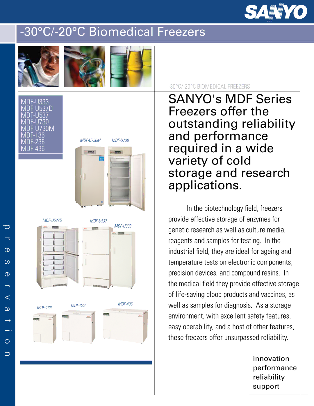 Sanyo MDF-U730M, MDF-U537D, MDF-236, MDF-136, MDF-436 manual 30C/-20C Biomedical Freezers, E s e r v a t i o n 