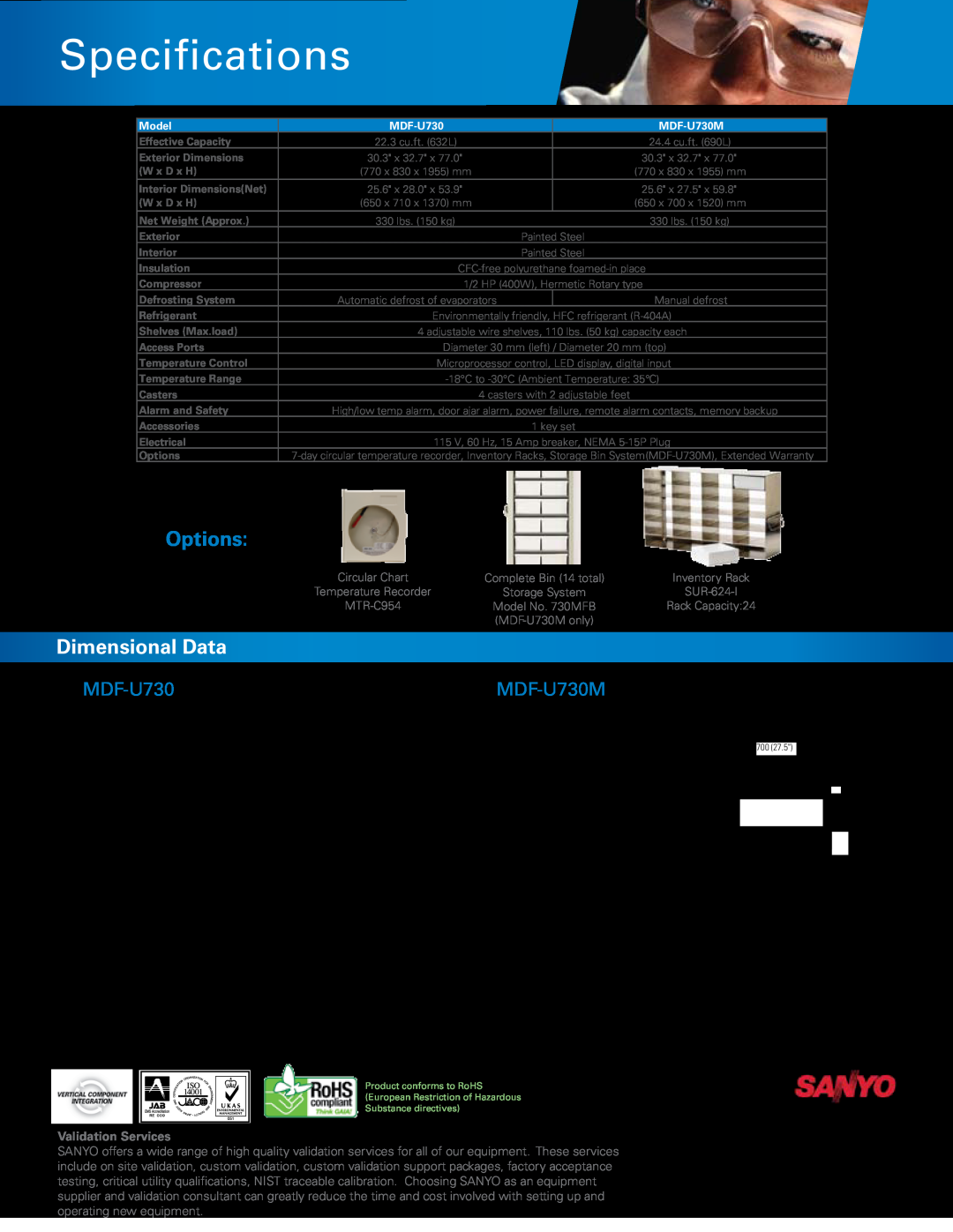 Sanyo Specifications, Options, Dimensional Data, MDF-U730M, Validation Services, Model, Painted Steel, Manual defrost 