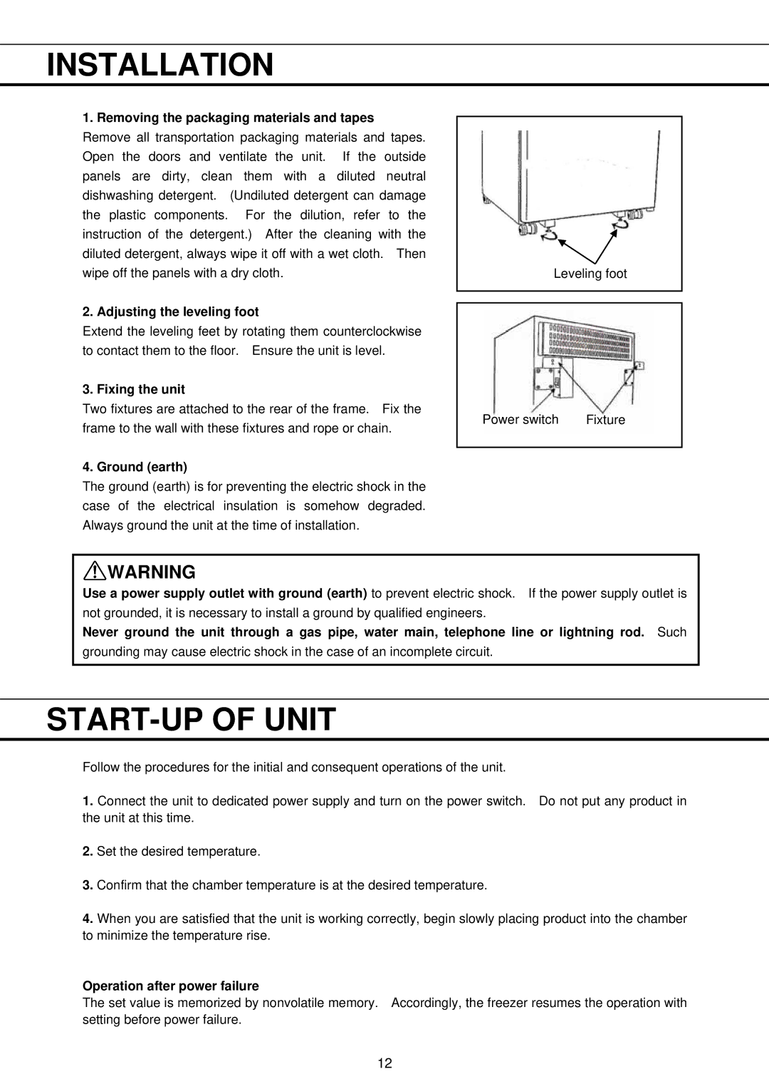 Sanyo MDF-U730M Installation, START-UP of Unit, Fixing the unit, Ground earth, Operation after power failure 