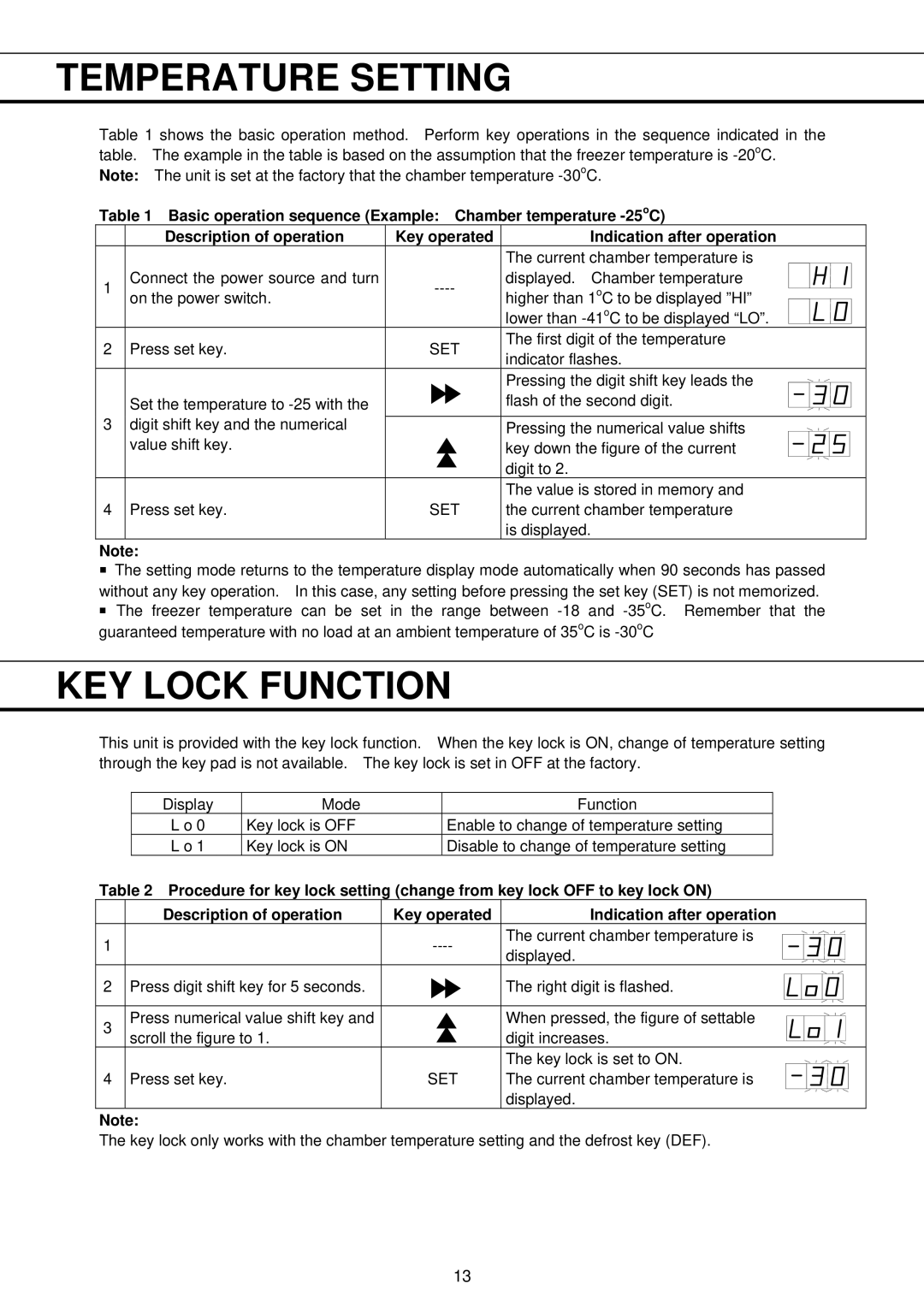 Sanyo MDF-U730M instruction manual Temperature Setting, KEY Lock Function 