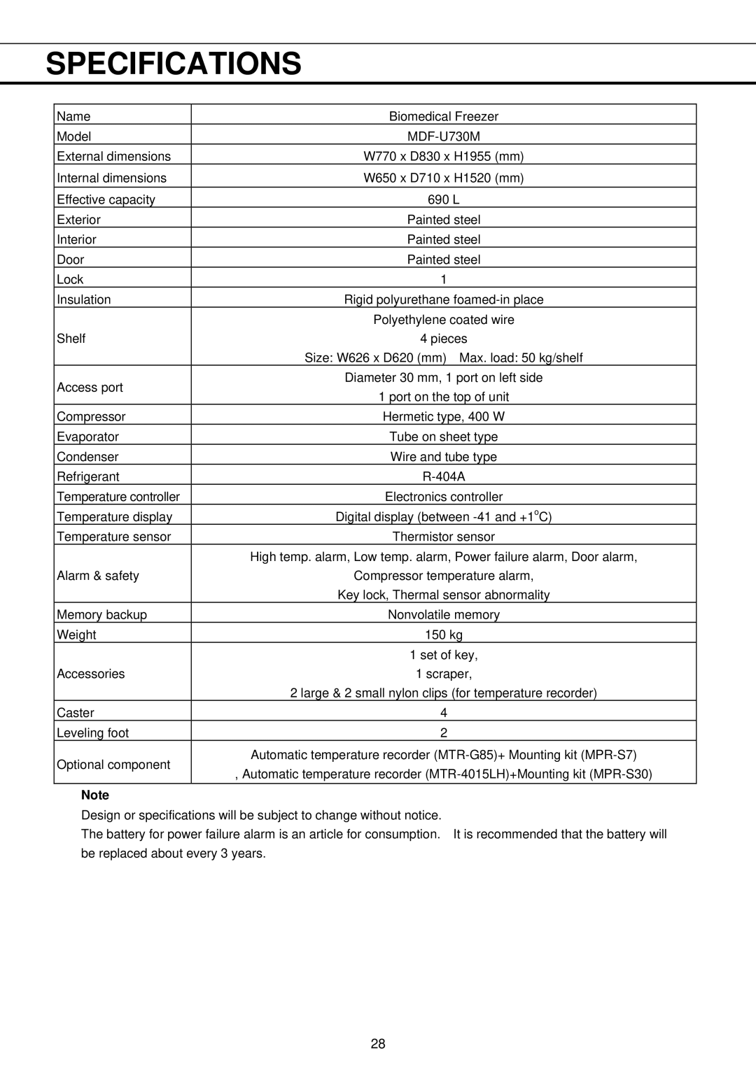 Sanyo MDF-U730M instruction manual Specifications 