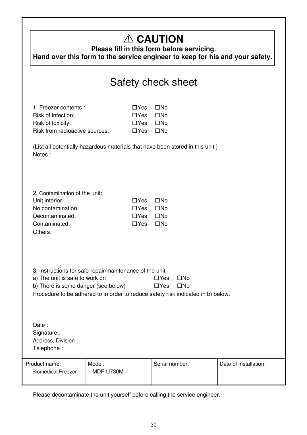 Sanyo MDF-U730M instruction manual Safety check sheet 