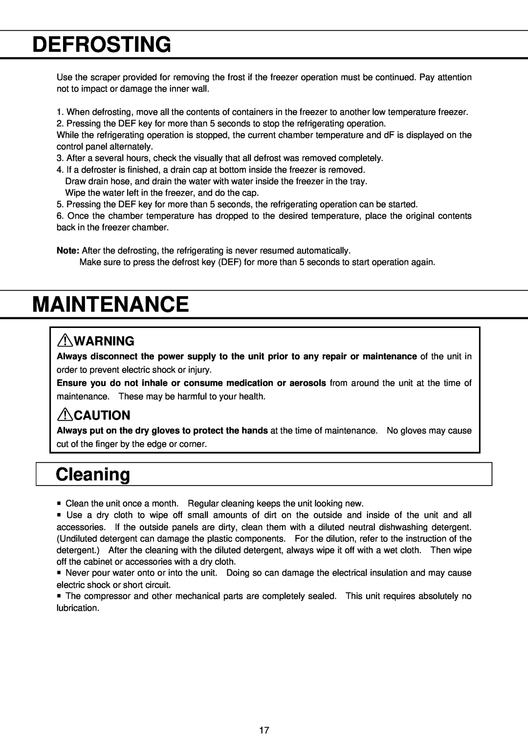 Sanyo MDF-U730M instruction manual Defrosting, Maintenance, Cleaning 