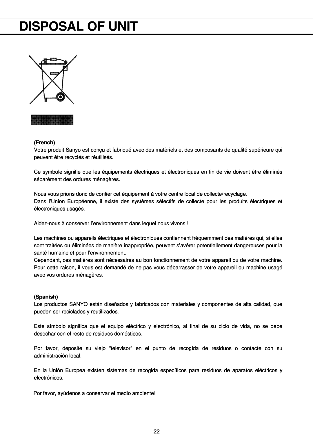 Sanyo MDF-U730M instruction manual Disposal Of Unit, French, Spanish 