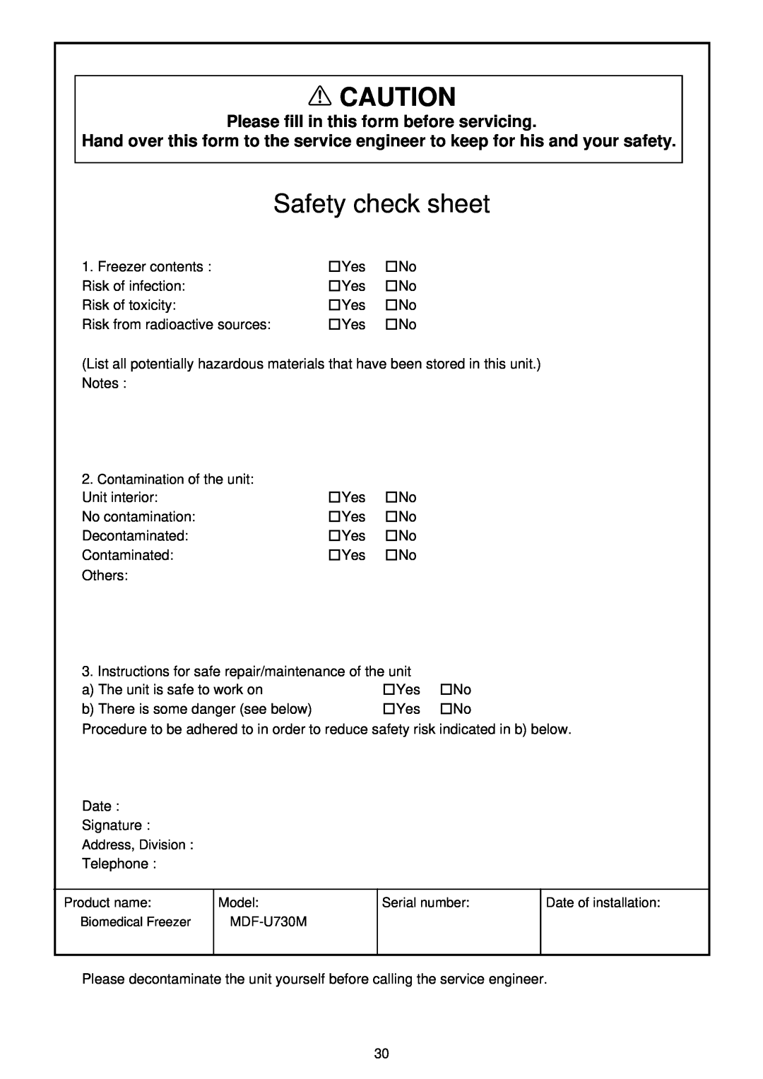Sanyo MDF-U730M instruction manual Safety check sheet, Please fill in this form before servicing 