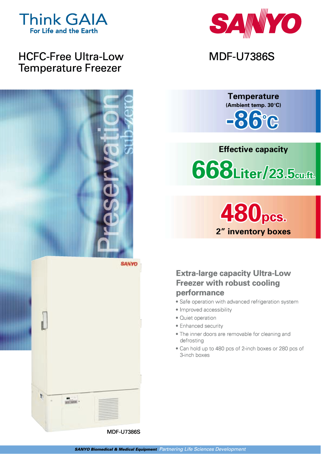 Sanyo MDF-U7386S manual Ambient temp. 30C, 86˚C, Liter/23.5cu.ft, 480pcs, HCFC-Free Ultra-Low, Temperature Freezer 