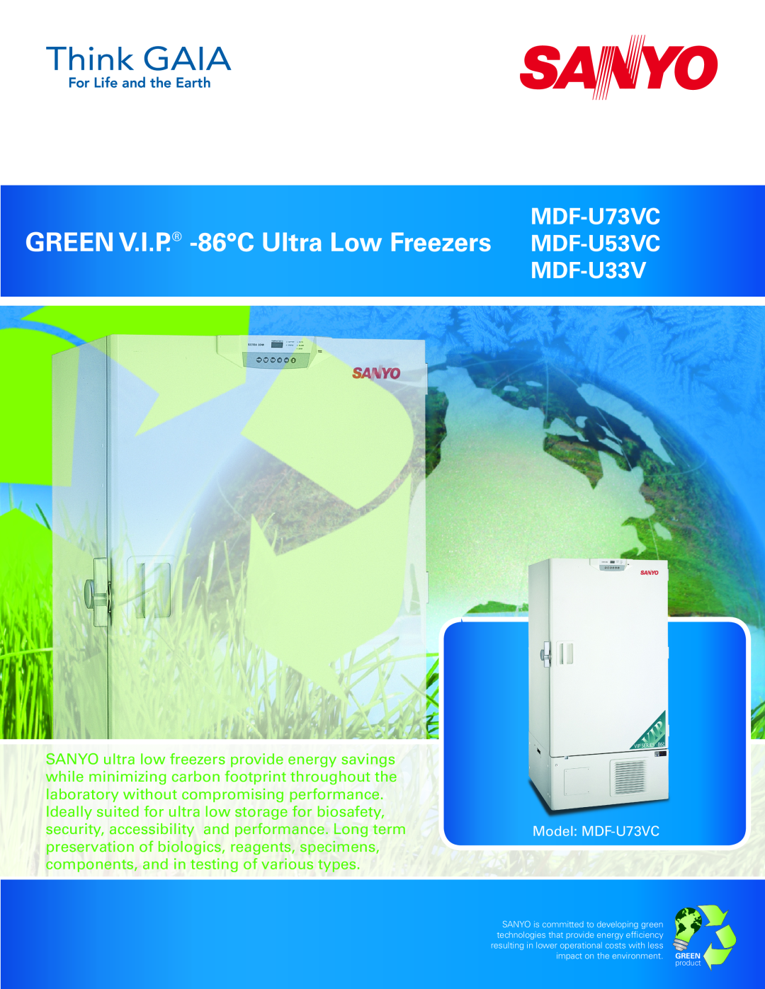 Sanyo MDF-U73VC manual GREEN V.I.P. -86CUltra Low Freezers MDF-U53VC, MDF-U33V 