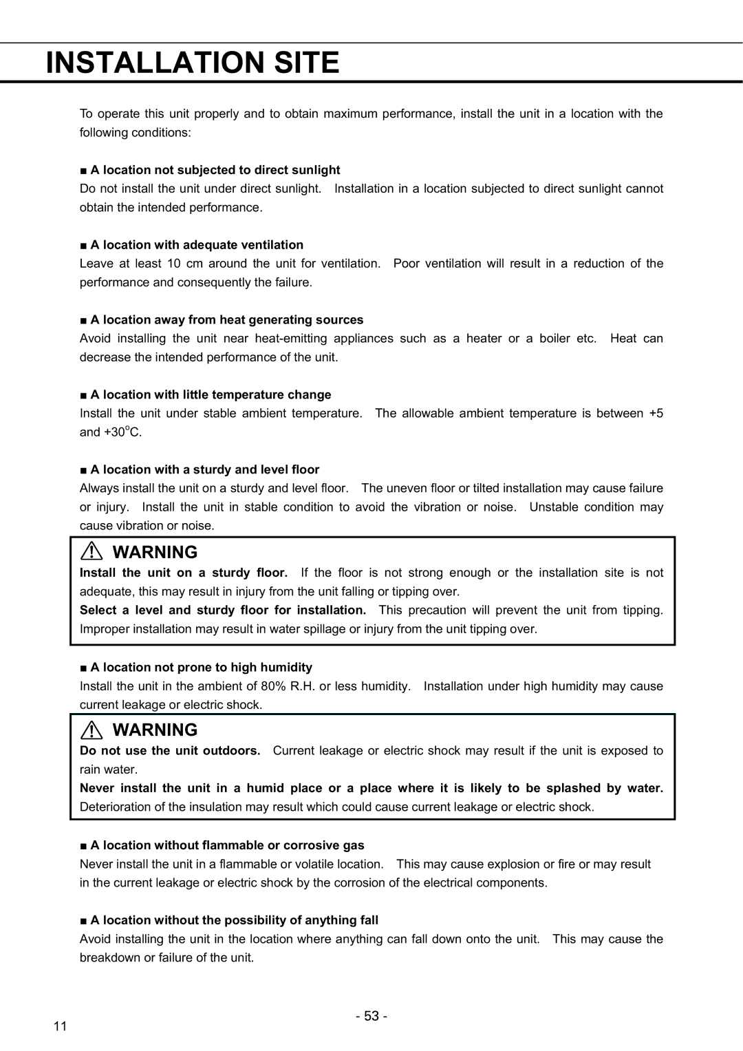 Sanyo MDF-U7486SC, MDF-U5486SC instruction manual Installation Site 