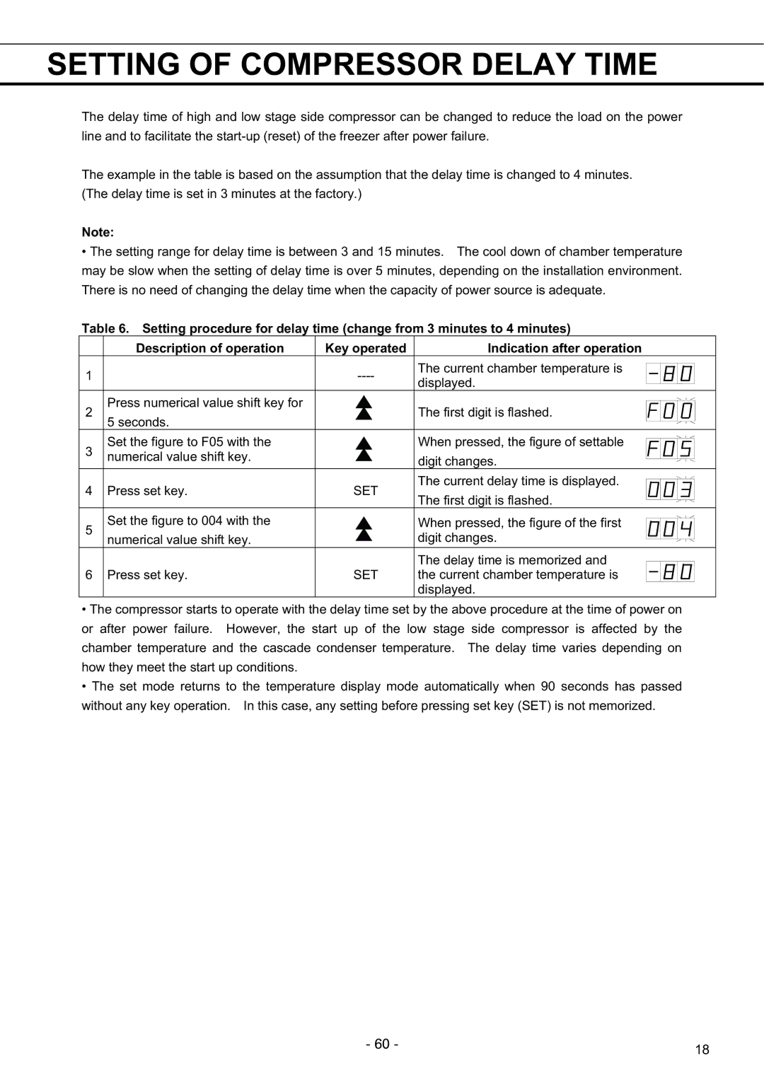 Sanyo MDF-U5486SC, MDF-U7486SC instruction manual Setting of Compressor Delay Time 